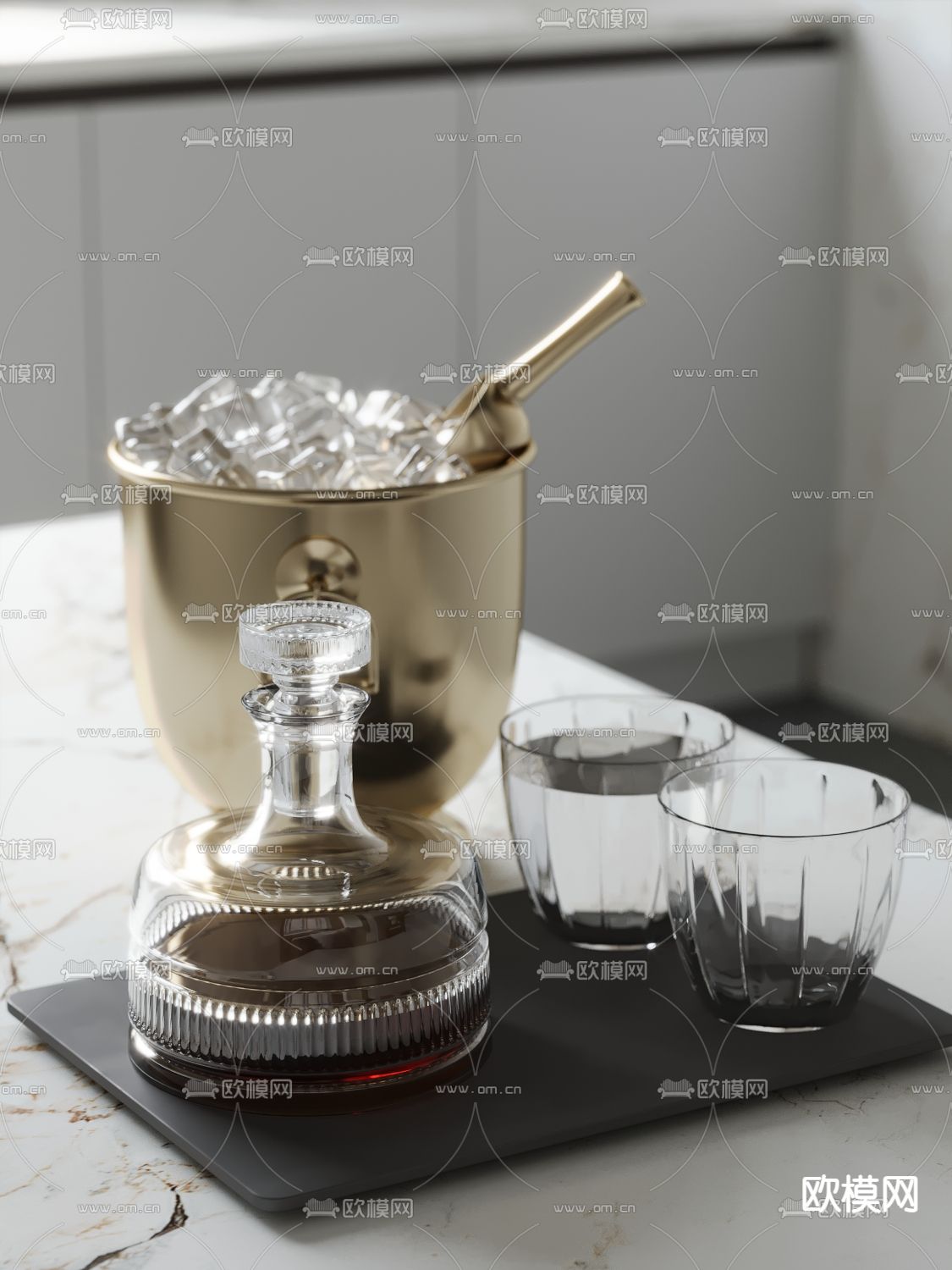 酒具 酒瓶 水杯 酒杯 冰块su模型下载（渲染图2）