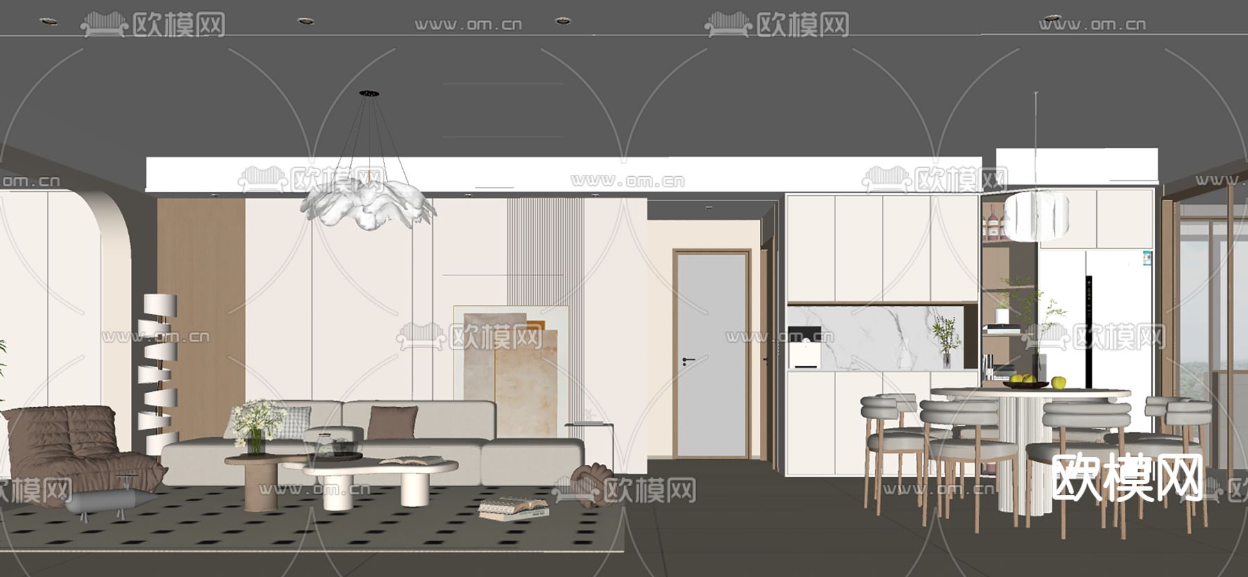 奶油风客餐厅su模型下载（渲染图1）