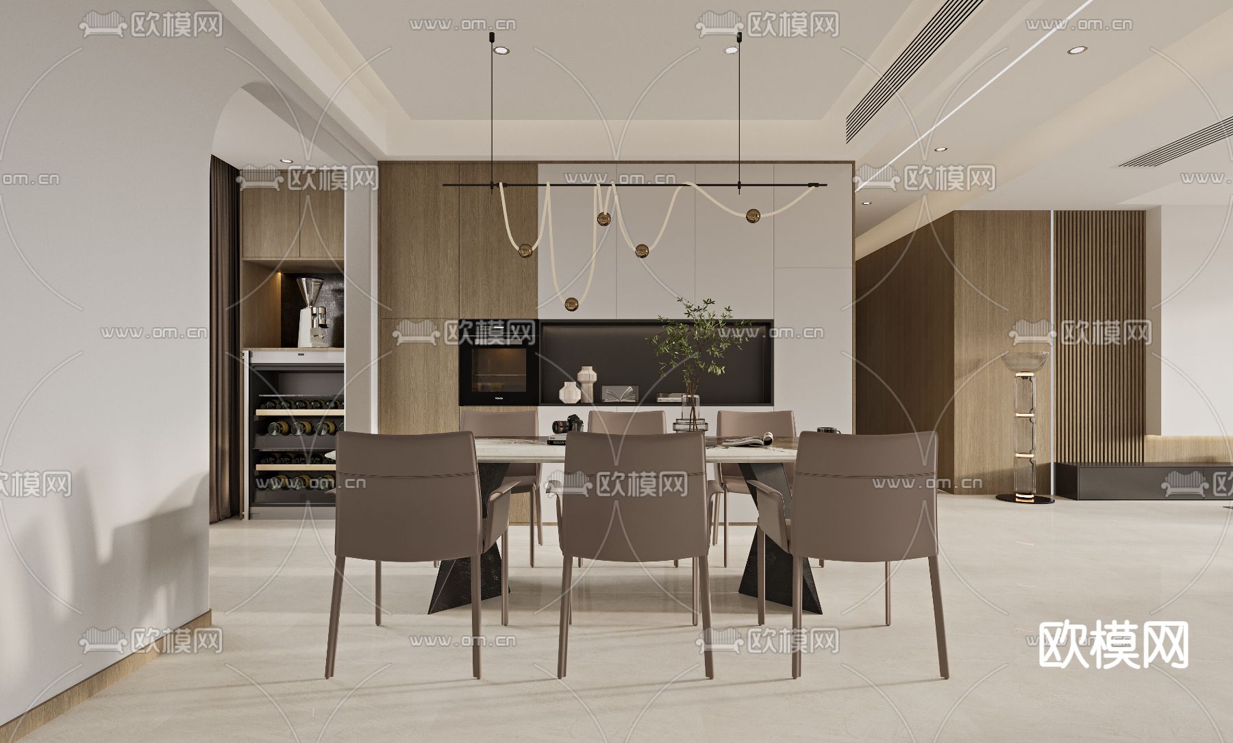 现代客餐厅 岛大理石餐桌3d模型下载（渲染图2）