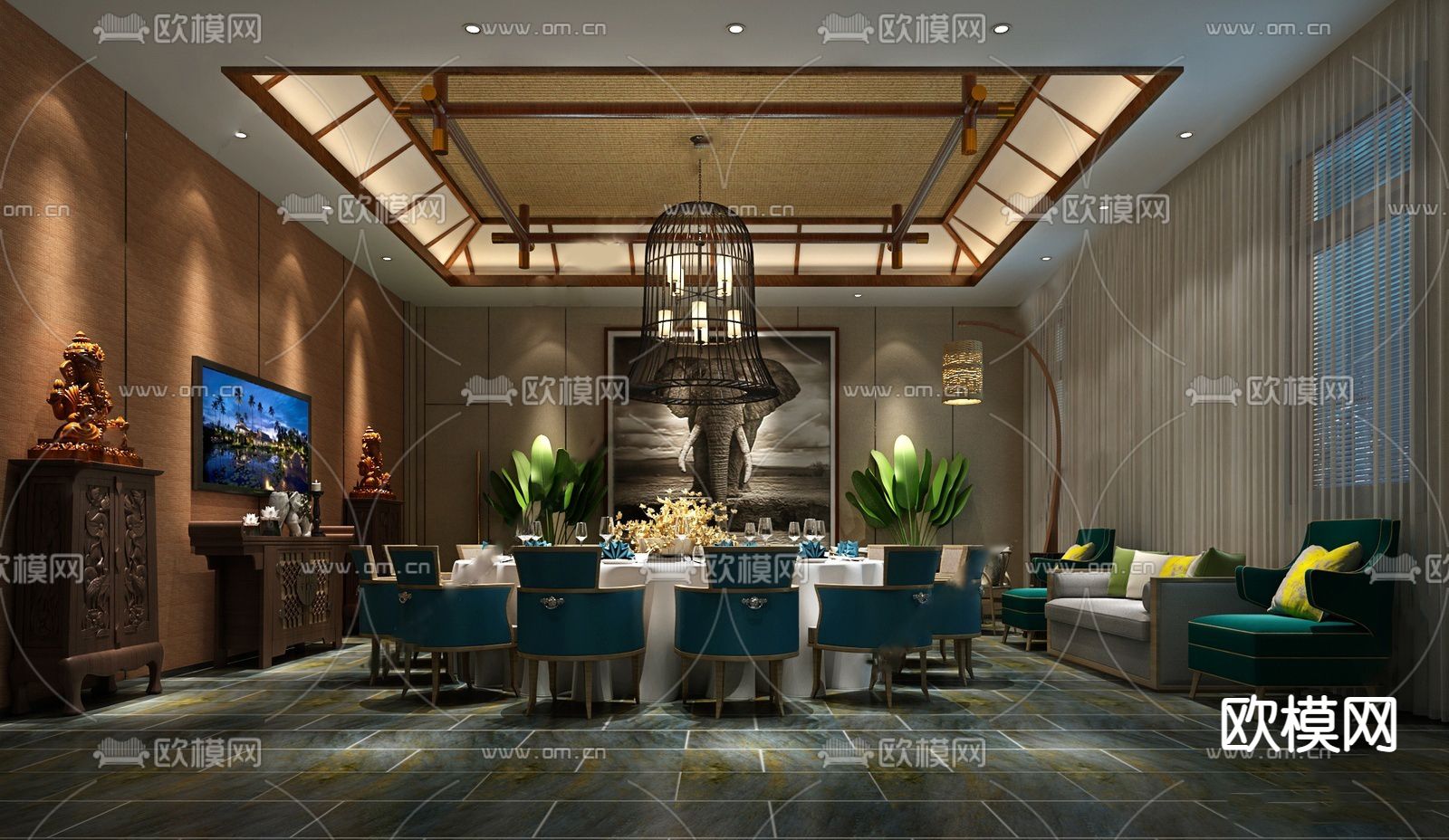 新中式餐厅包厢su模型下载（渲染图2）