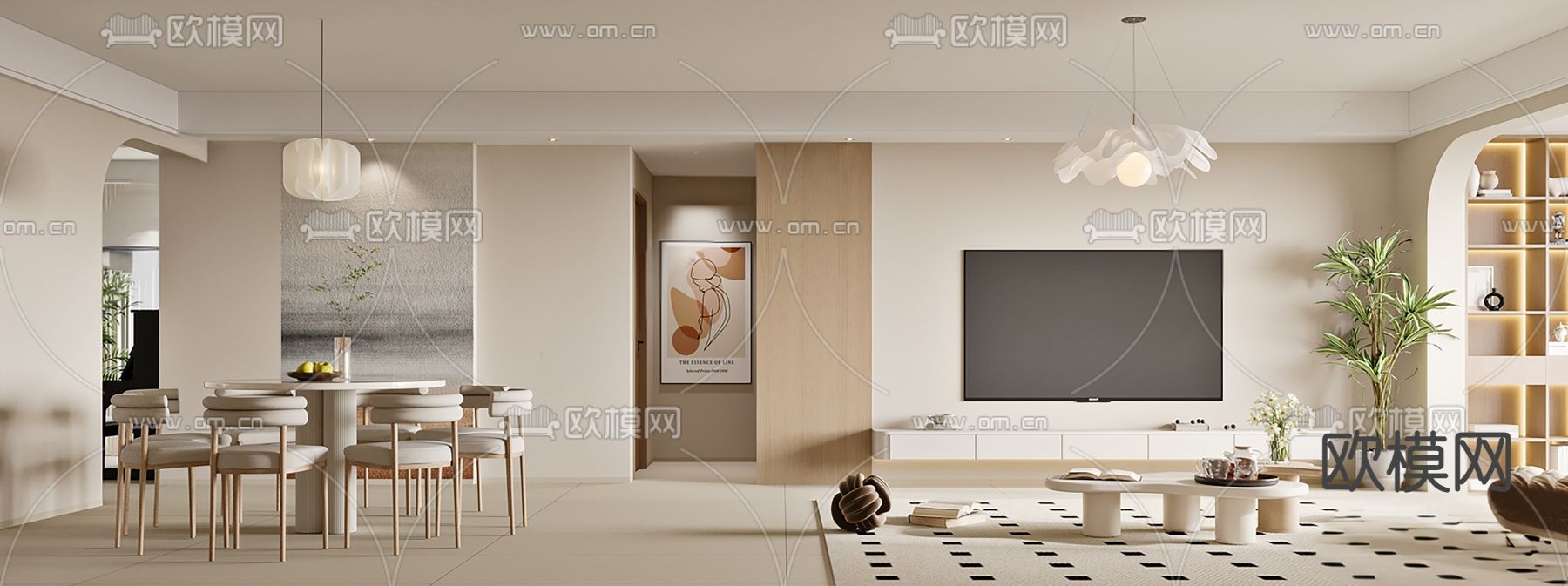 奶油风客餐厅su模型下载（渲染图3）