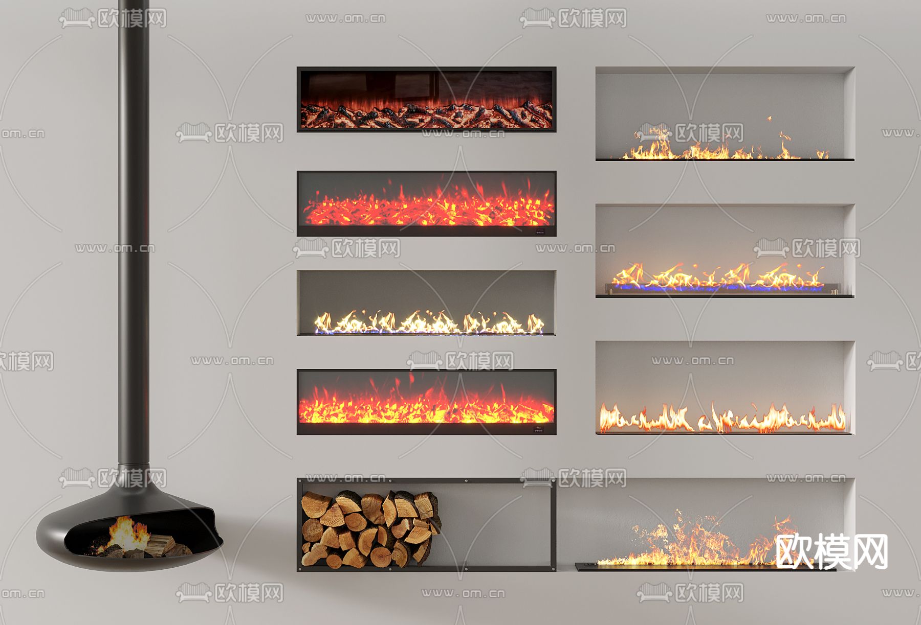 现代电子壁炉 木材柴火3d模型下载