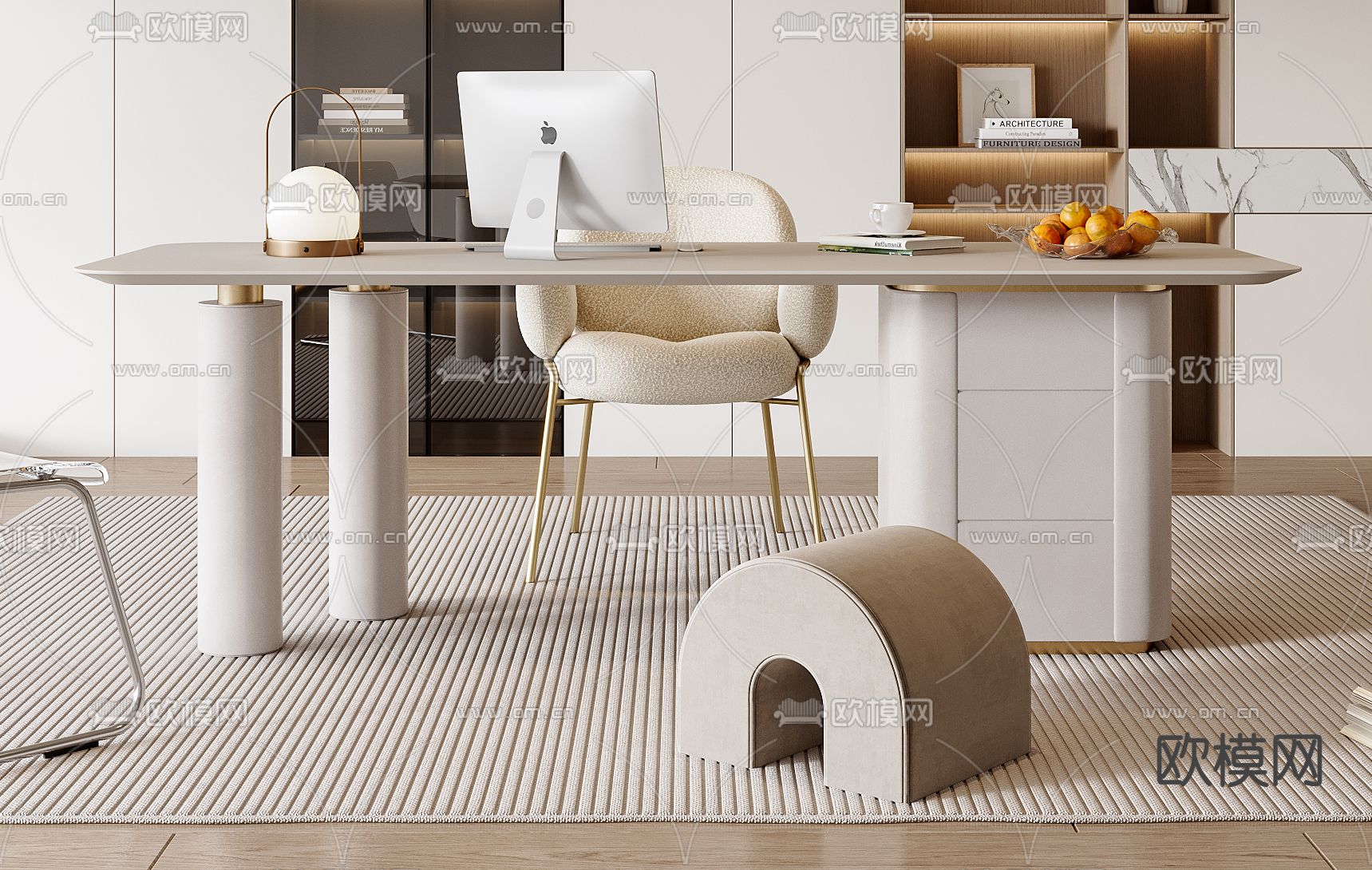 奶油风书桌椅su模型下载（渲染图2）