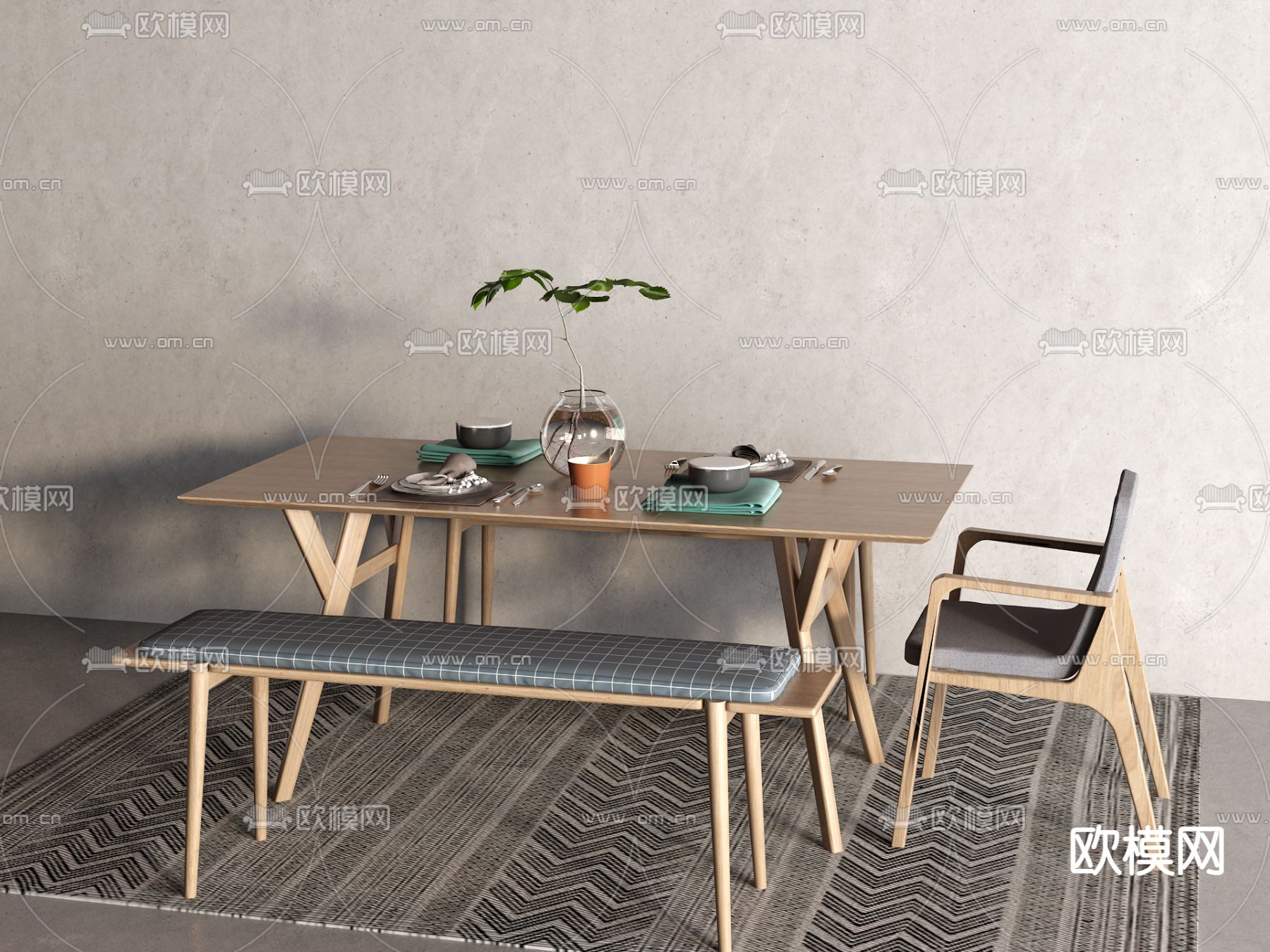 北欧原木餐桌椅3d模型下载