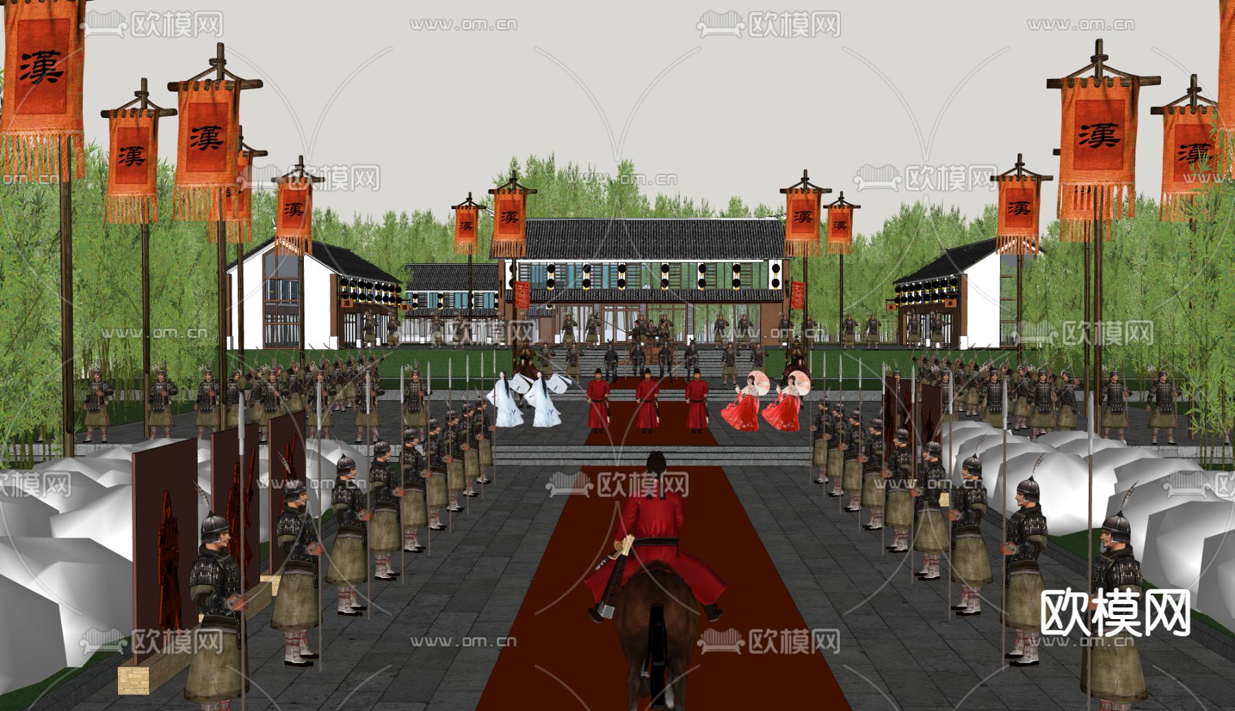 新中式入关仪式广场 出征送行su模型下载（渲染图1）