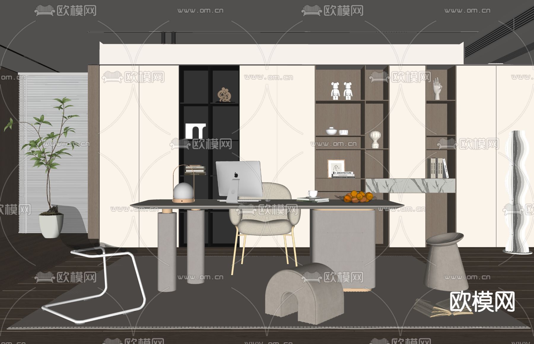 奶油风书房su模型下载（渲染图1）