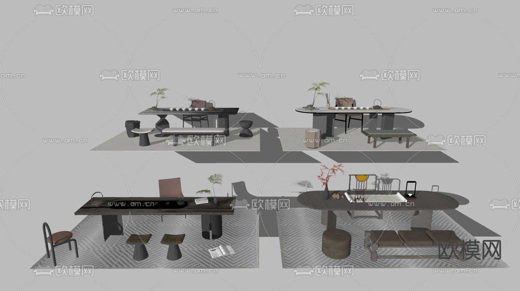 中式茶桌椅su模型下载（渲染图1）