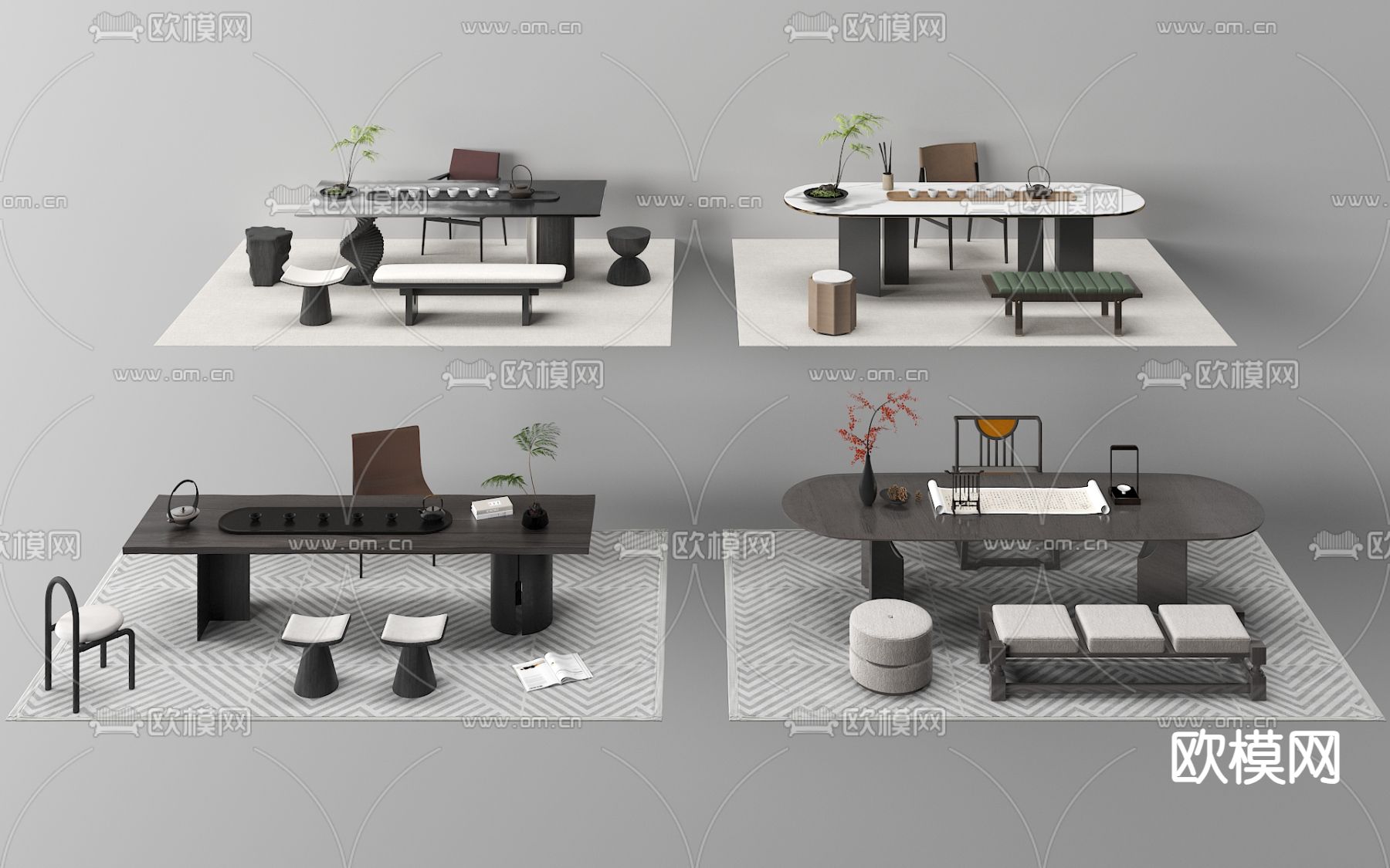 中式茶桌椅su模型下载（渲染图2）