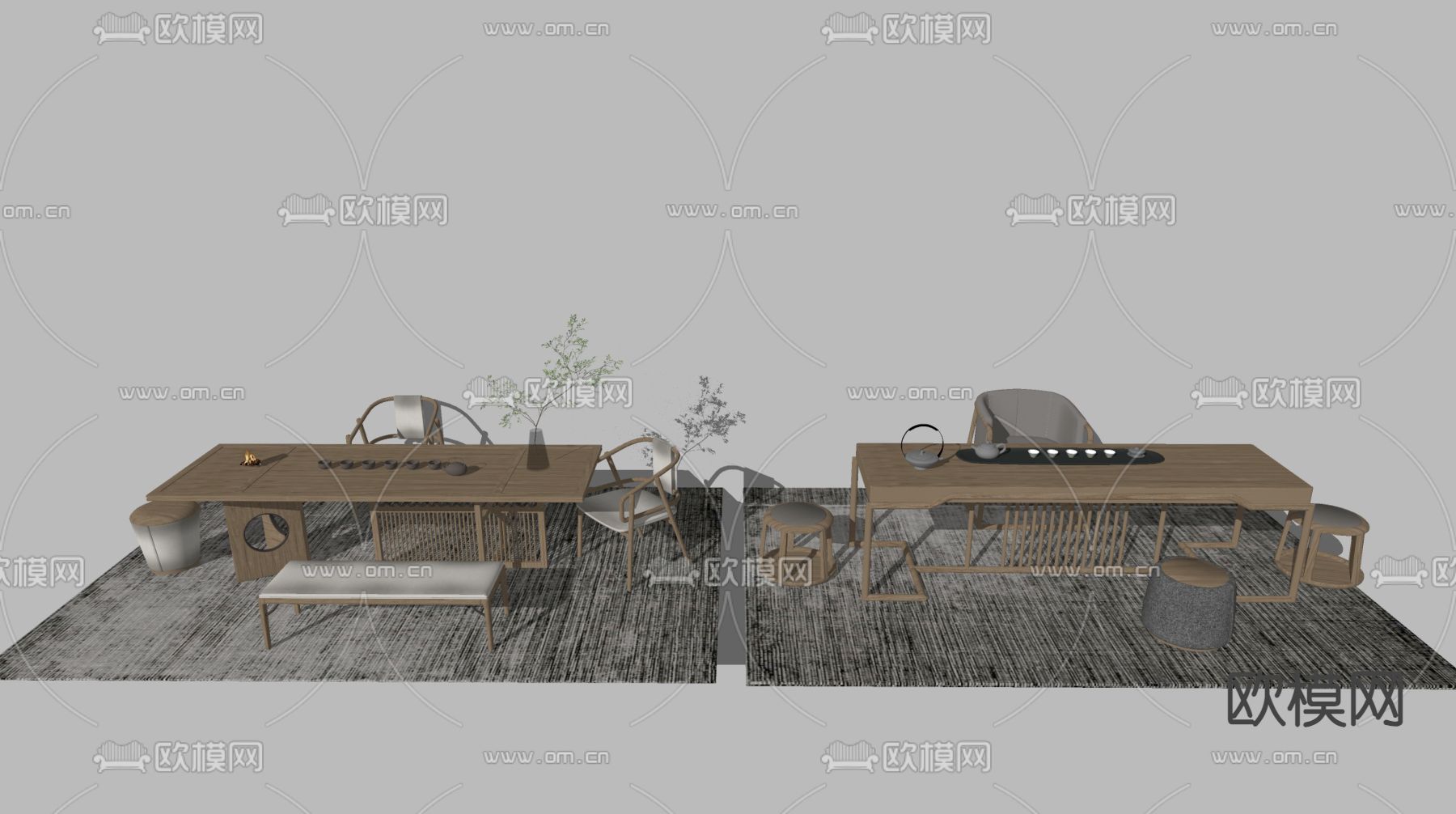 中式茶桌椅su模型下载（渲染图1）