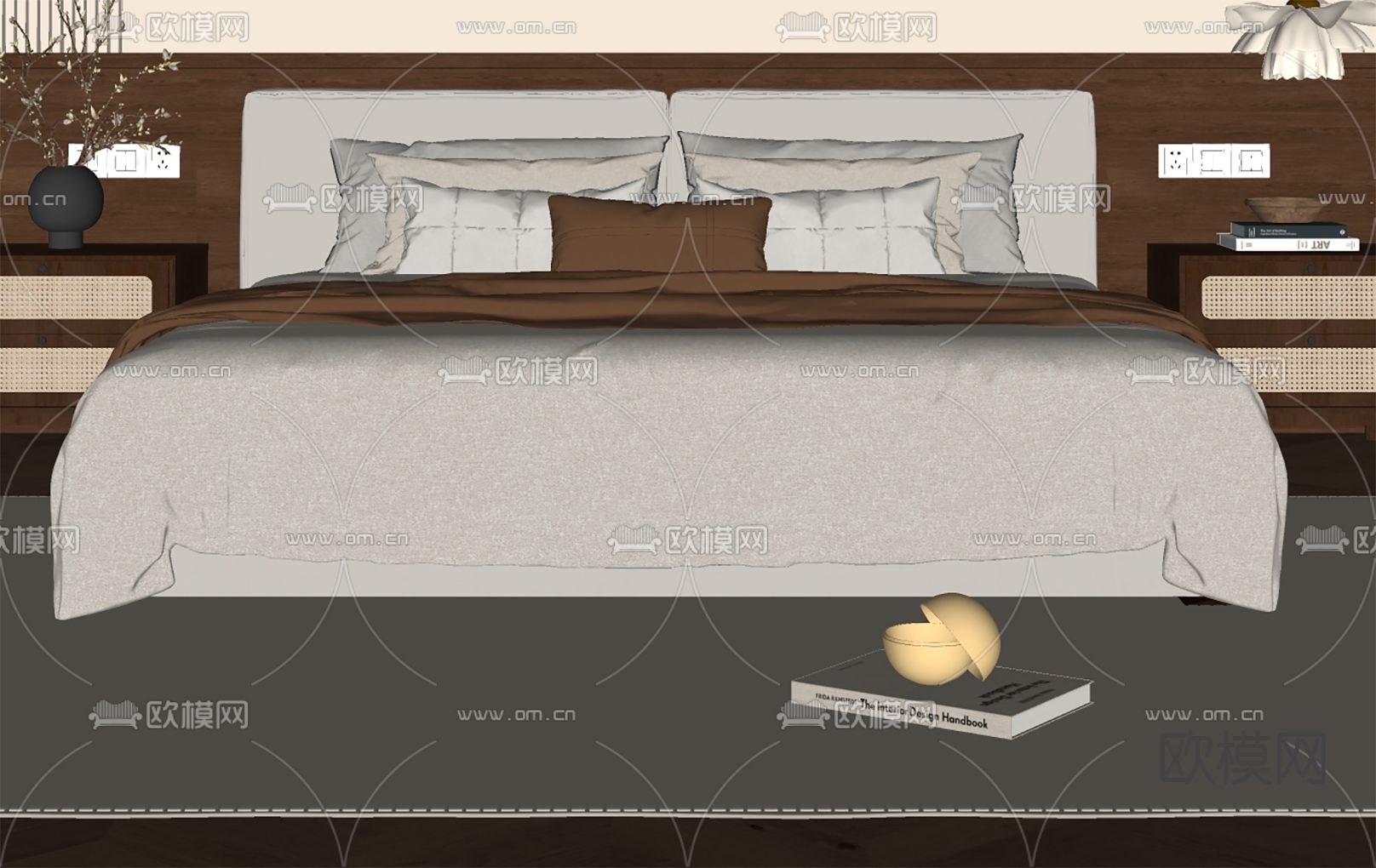 中古风双人床su模型下载（渲染图1）