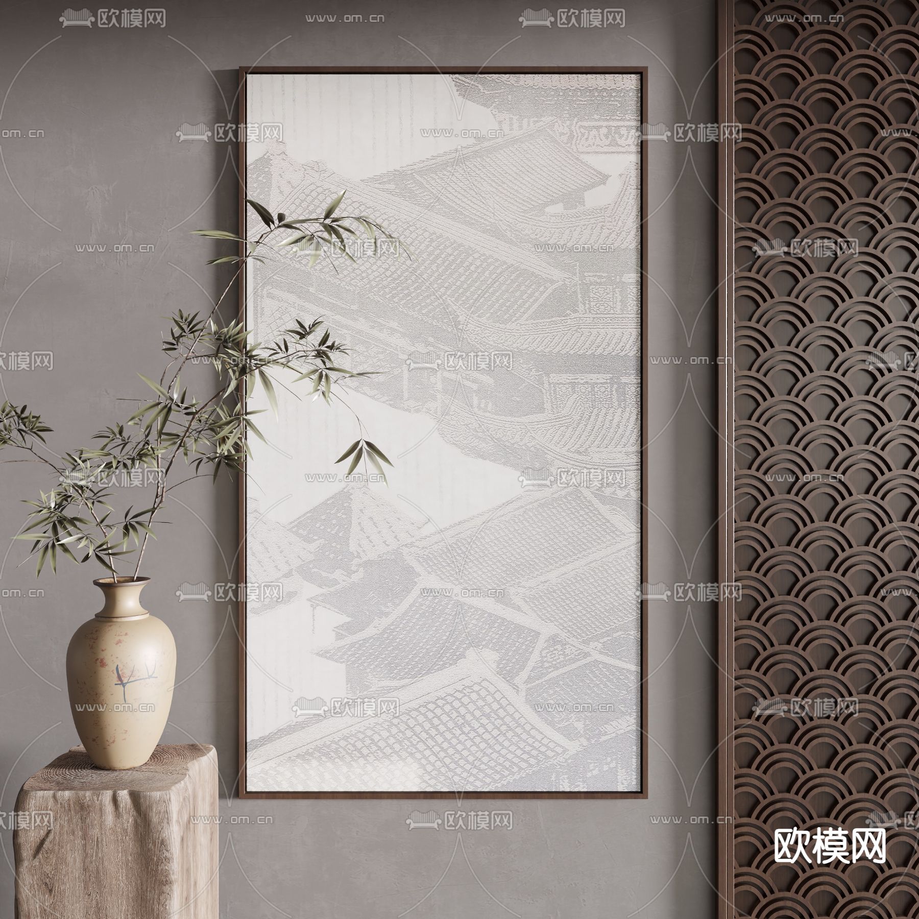 新中式挂画 建筑画 装饰画3d模型下载