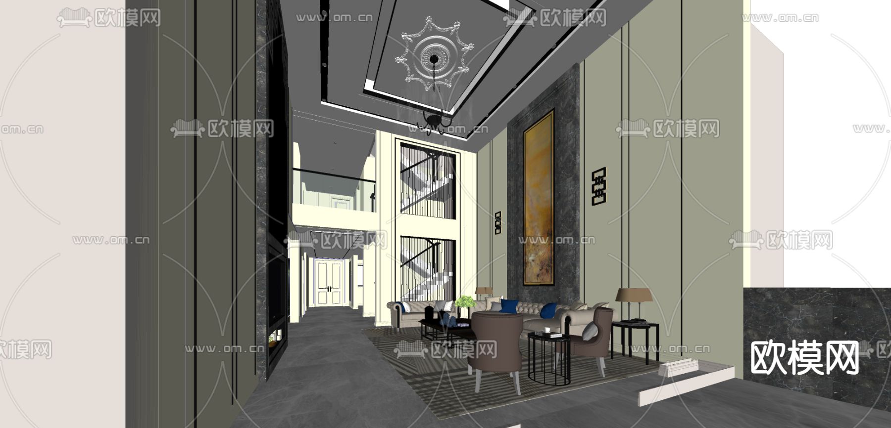 欧式别墅客厅su模型下载（渲染图1）