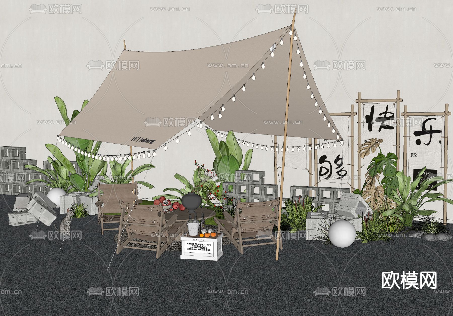 现代露营帐篷 户外折叠桌椅su模型下载（渲染图1）