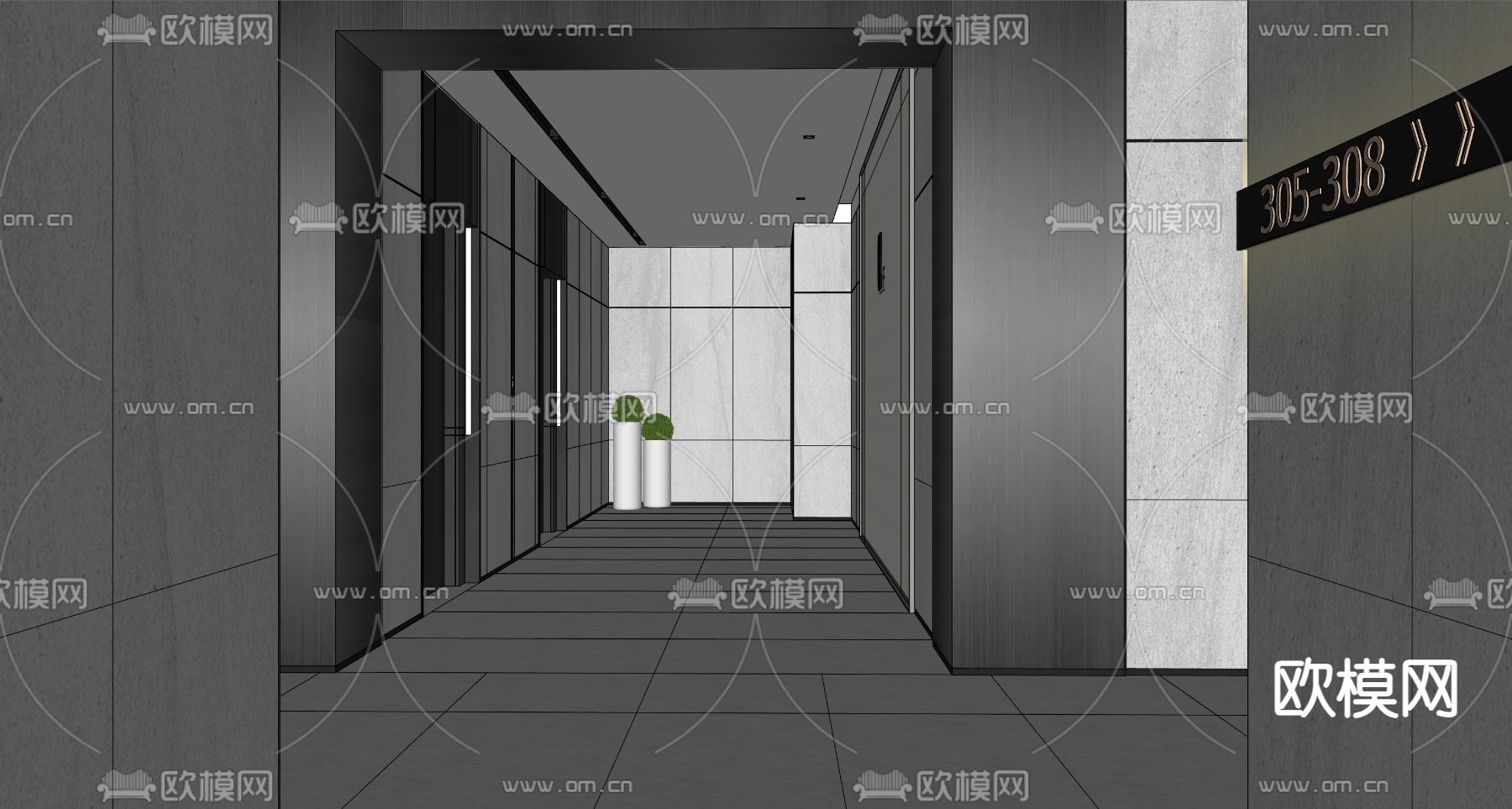 电梯厅 走道su模型下载（渲染图2）
