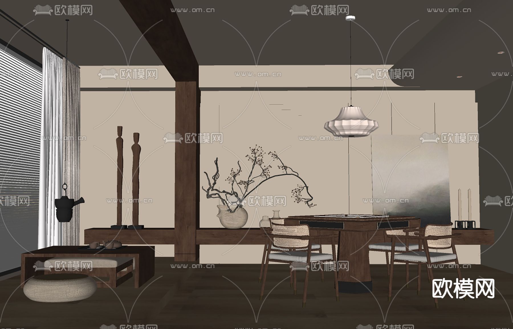 中古风棋牌室 麻将房su模型下载（渲染图1）