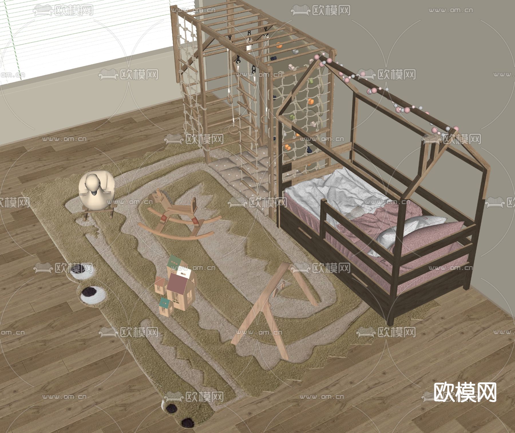 现代儿童床su模型下载（渲染图1）