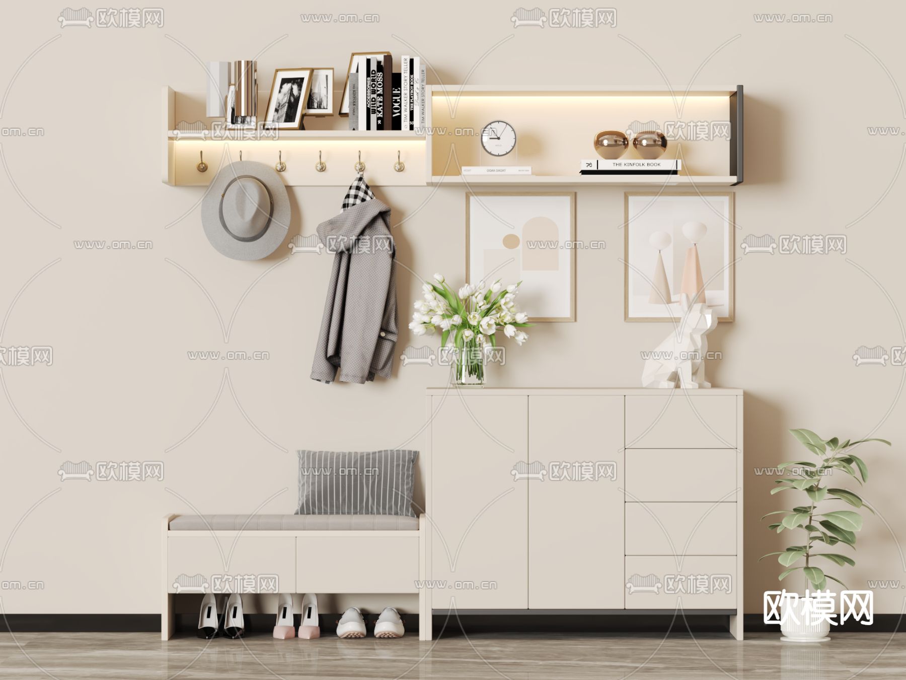 奶油风鞋柜su模型下载（渲染图2）
