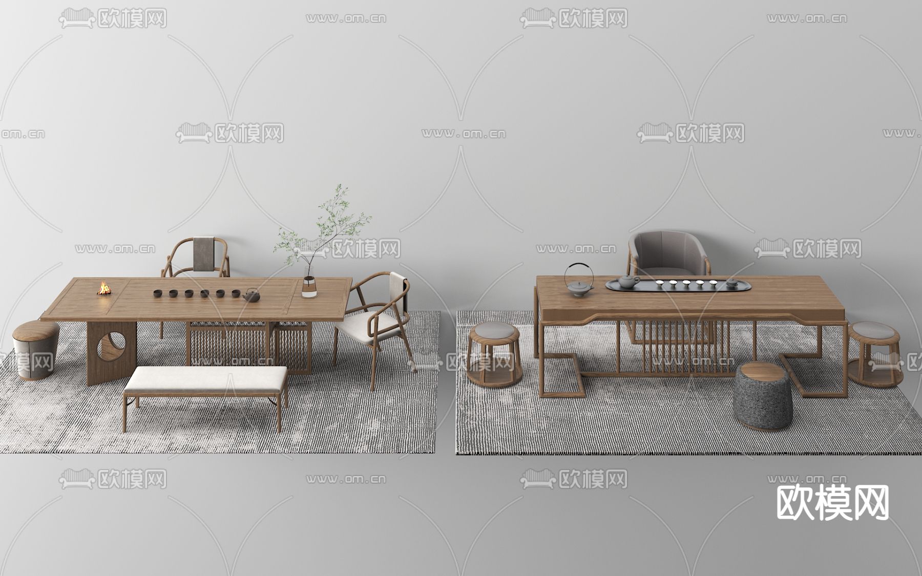 中式茶桌椅su模型下载（渲染图2）