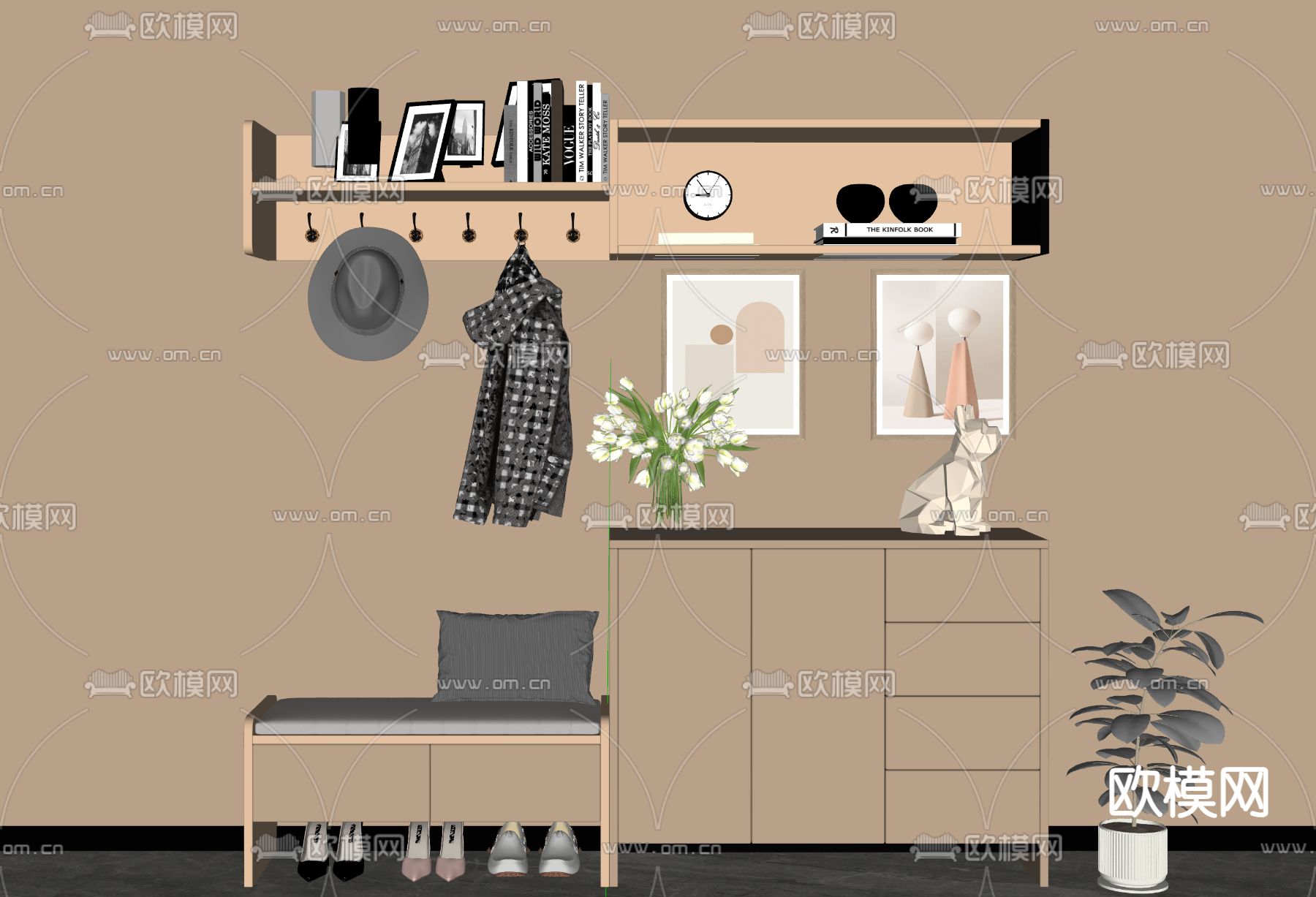 奶油风鞋柜su模型下载（渲染图1）