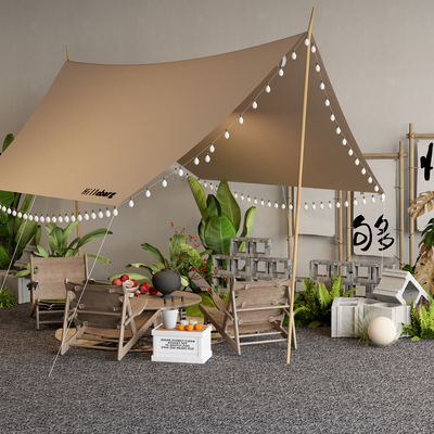  现代露营帐篷 户外折叠桌椅su模型 