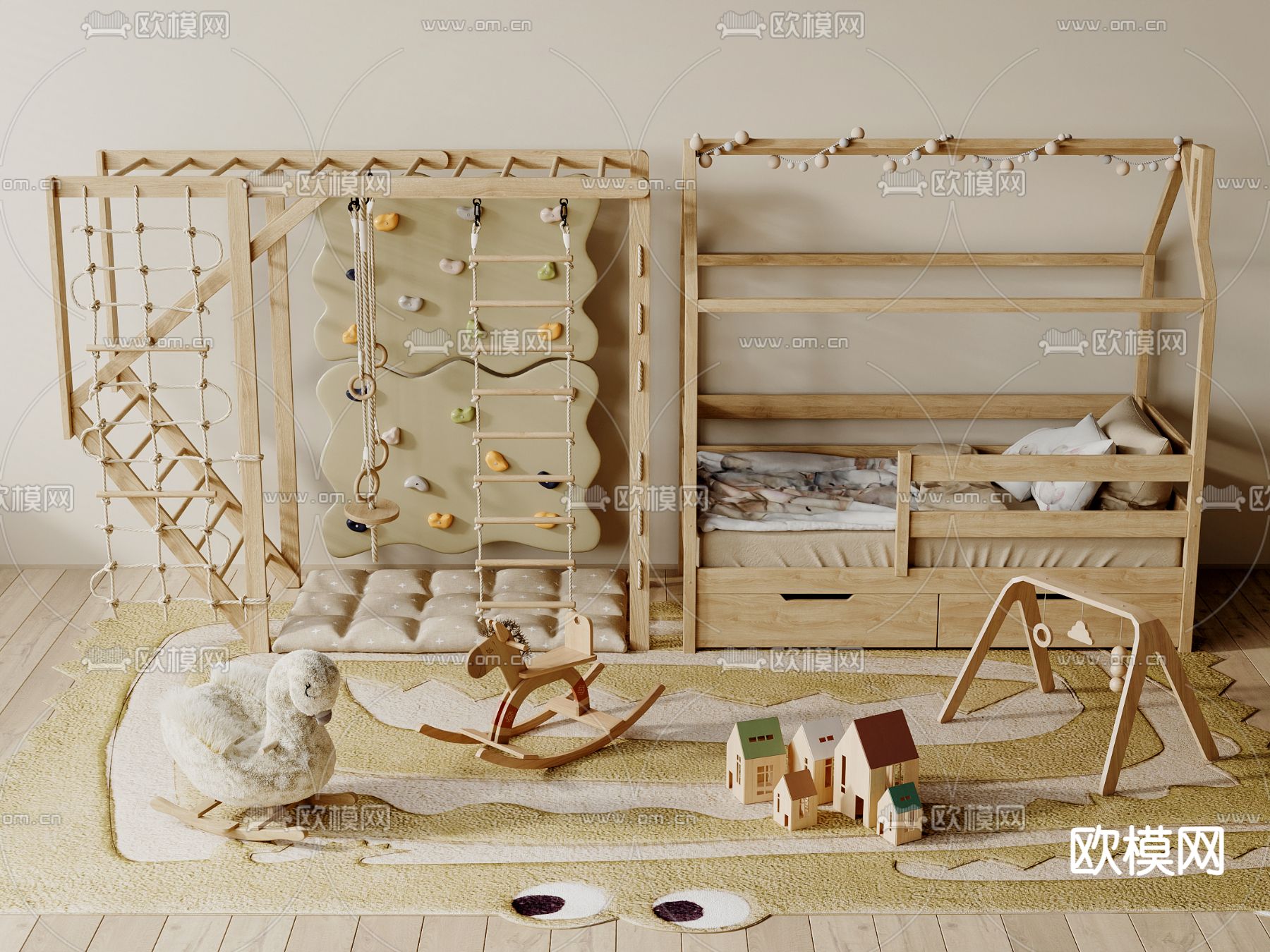 现代儿童床su模型下载（渲染图2）