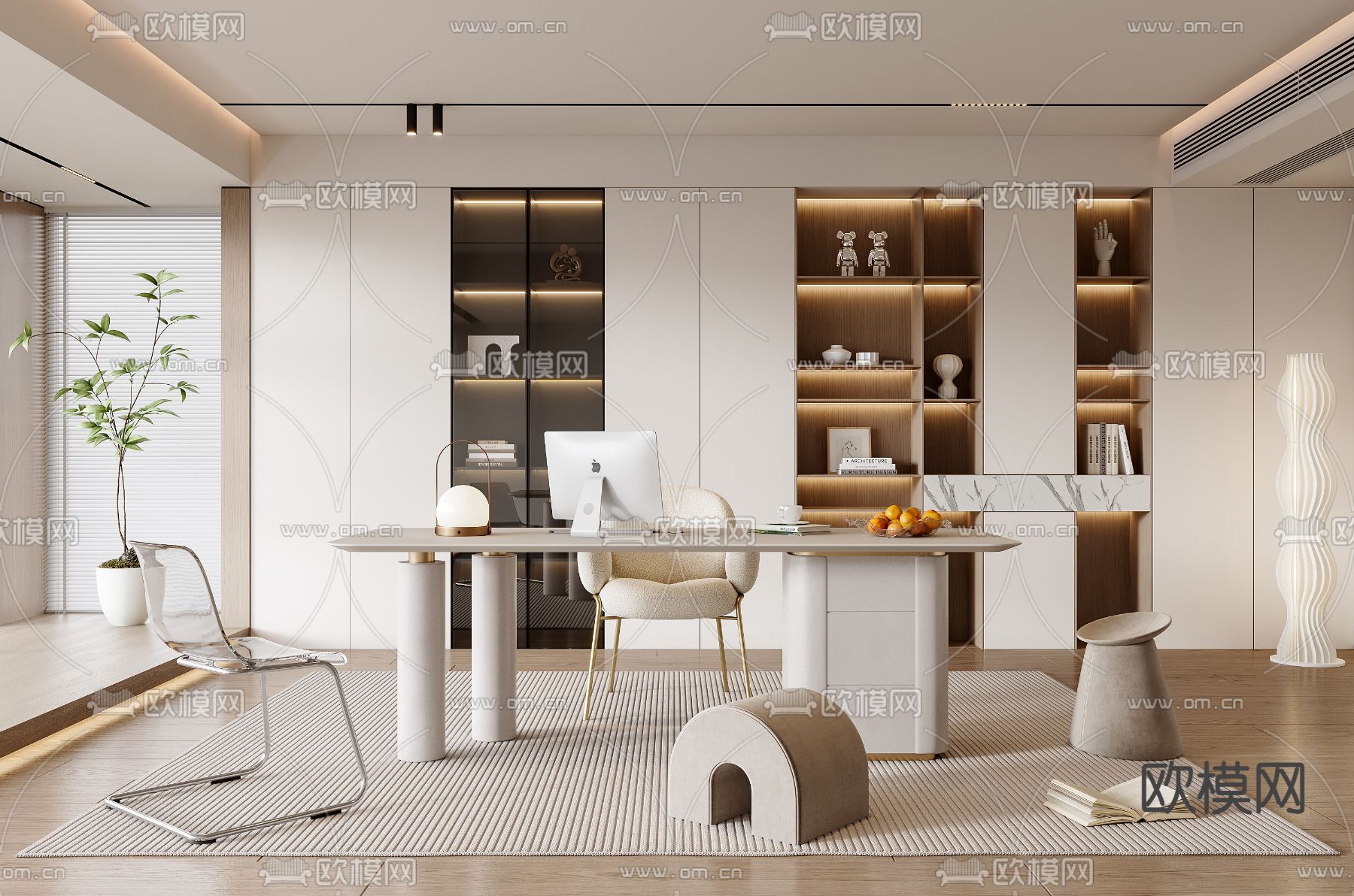 奶油风书房su模型下载（渲染图2）