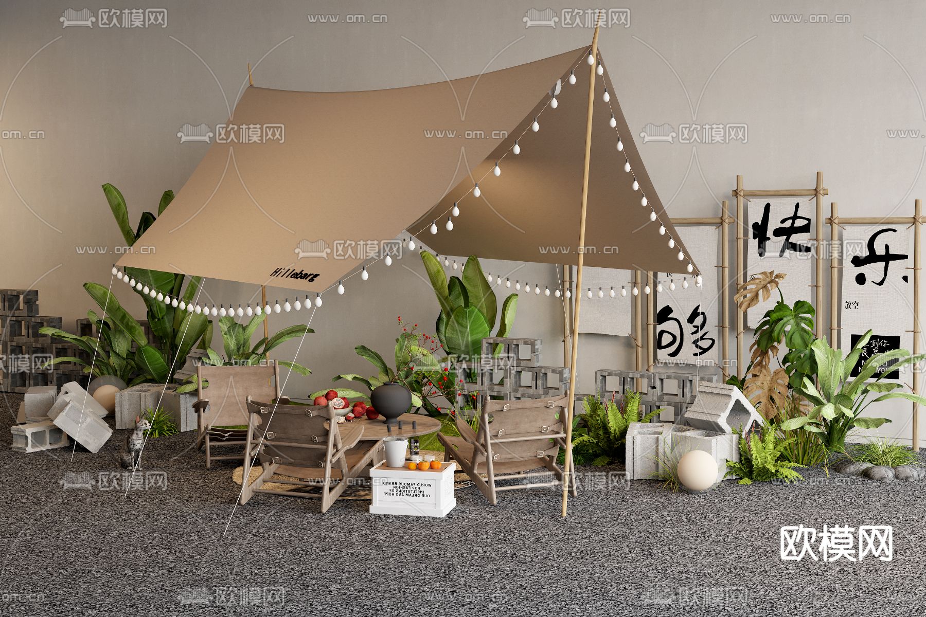 现代露营帐篷 户外折叠桌椅su模型下载（渲染图2）