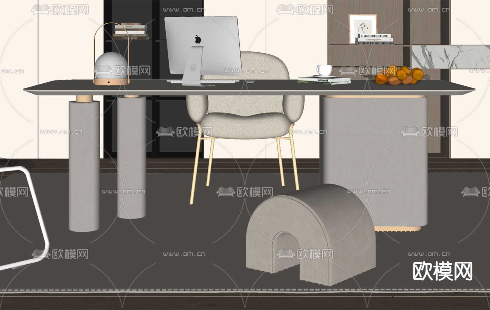 奶油风书桌椅su模型下载（渲染图1）