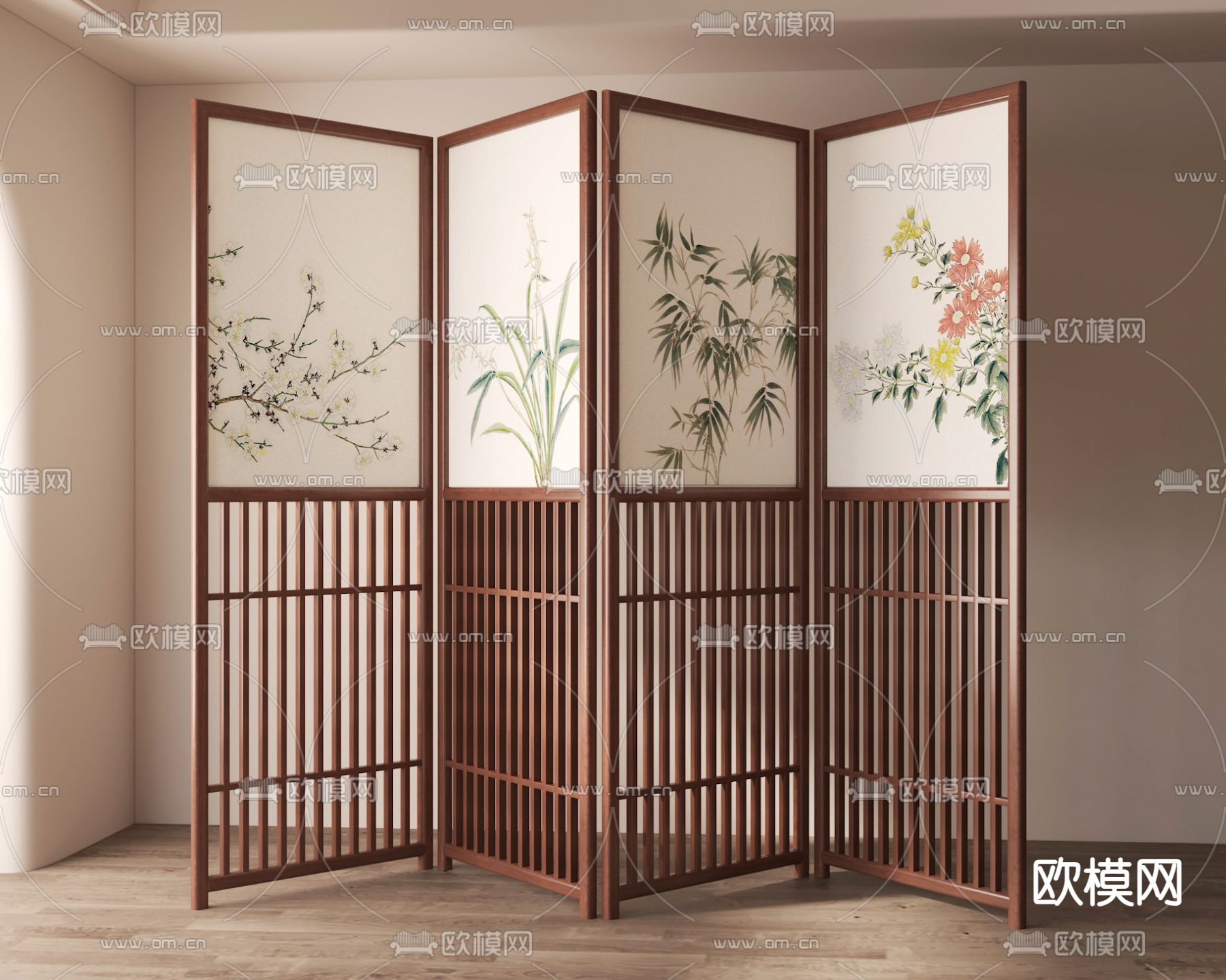 新中式折叠屏风 梅兰竹菊屏风3d模型下载