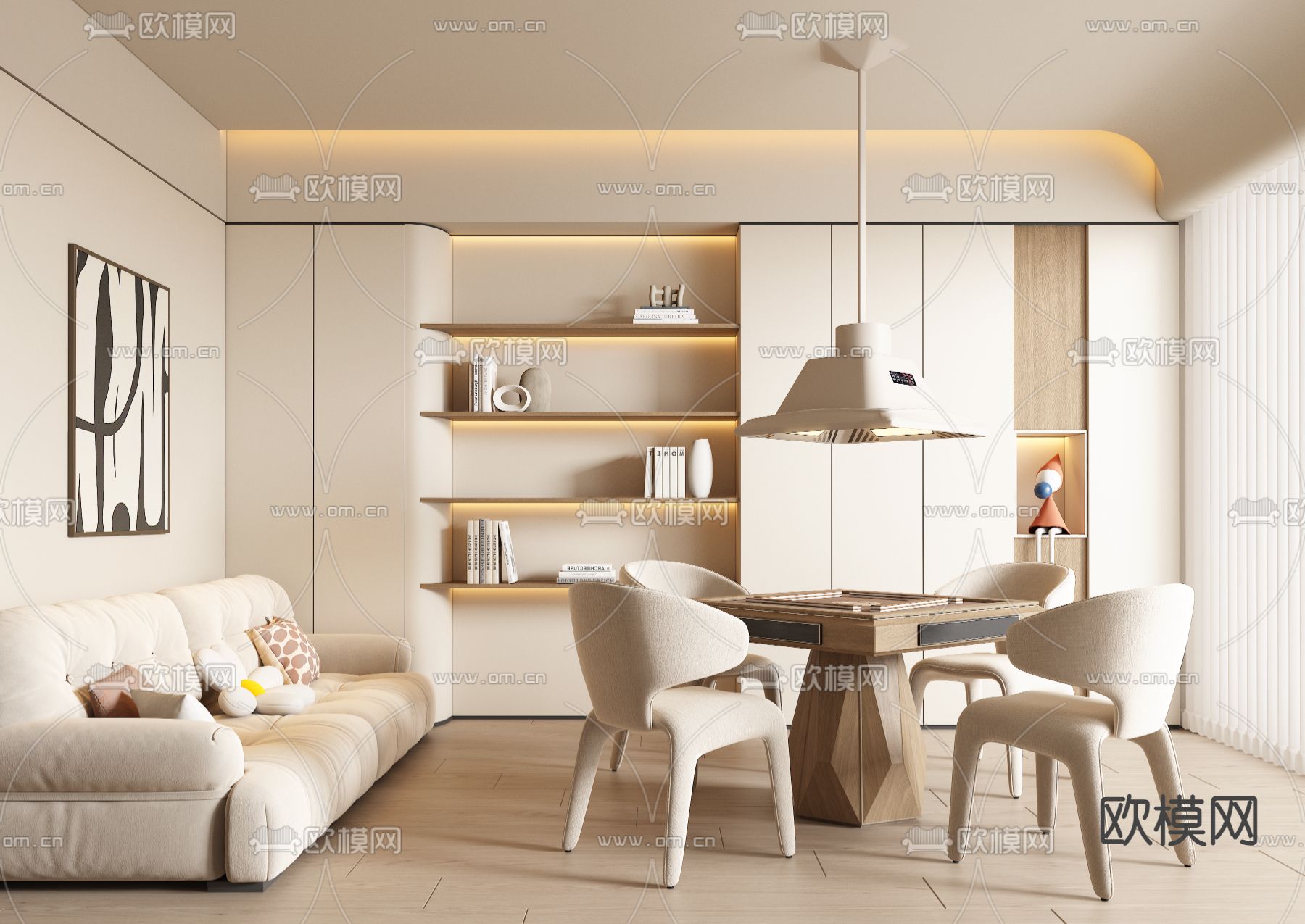 奶油风棋牌室 麻将房su模型下载（渲染图2）