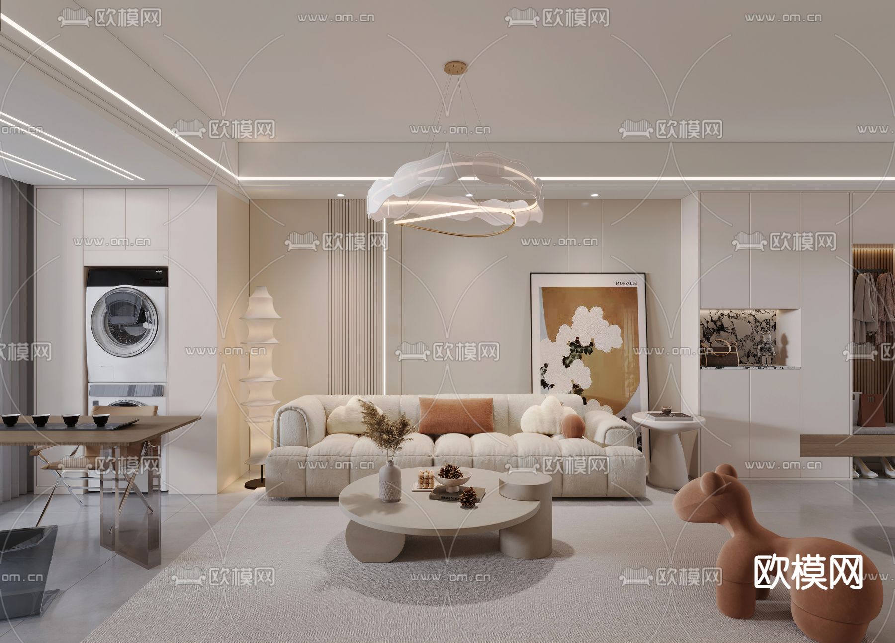 奶油风客餐厅3d模型下载（渲染图1）