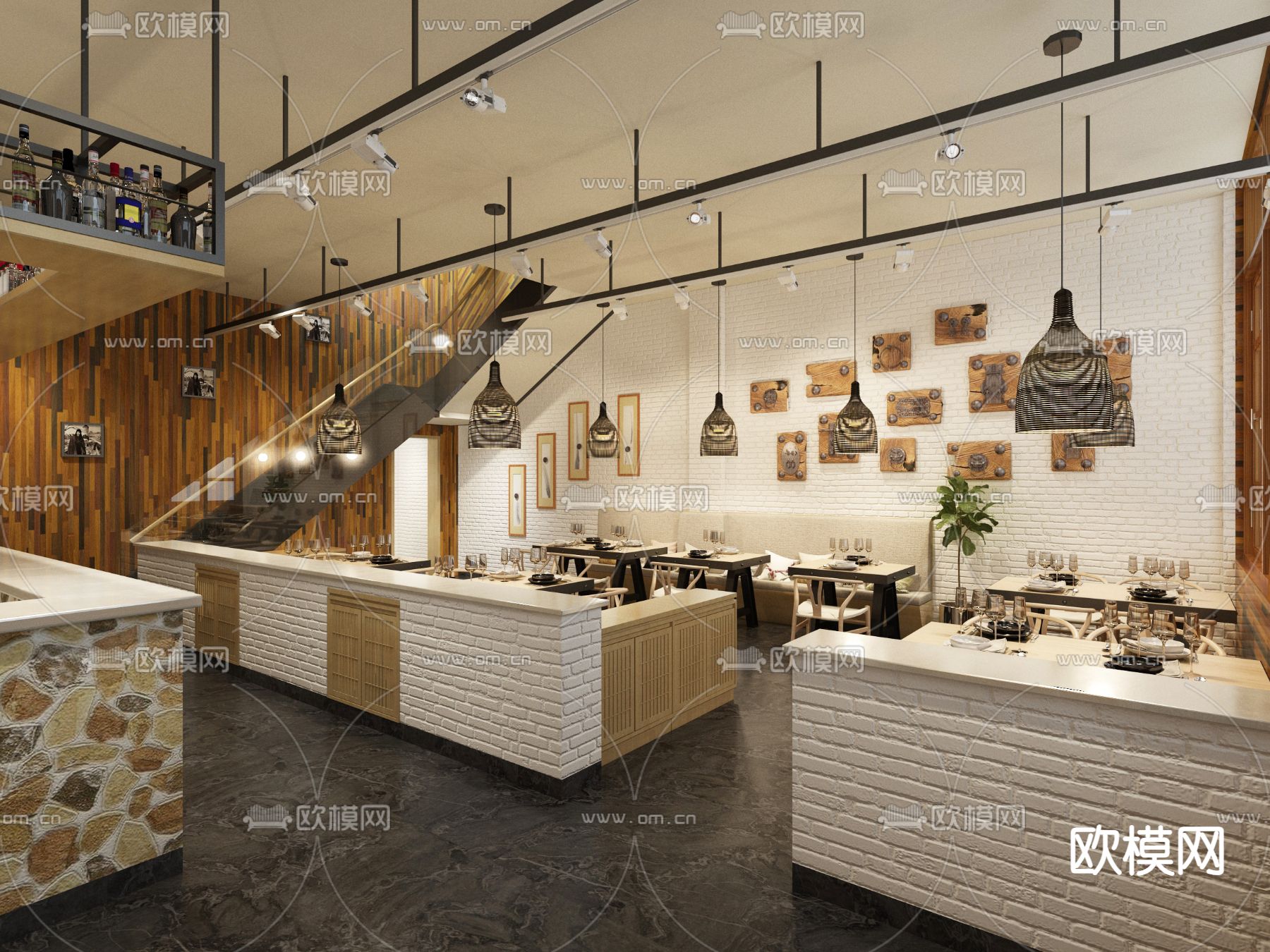 工业风西餐厅3d模型下载（渲染图2）