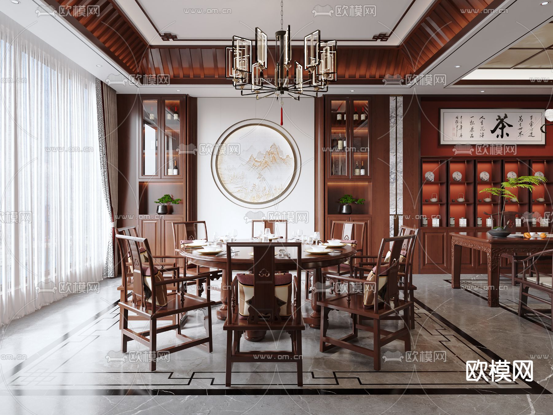 中式餐厅 圆餐桌3d模型下载