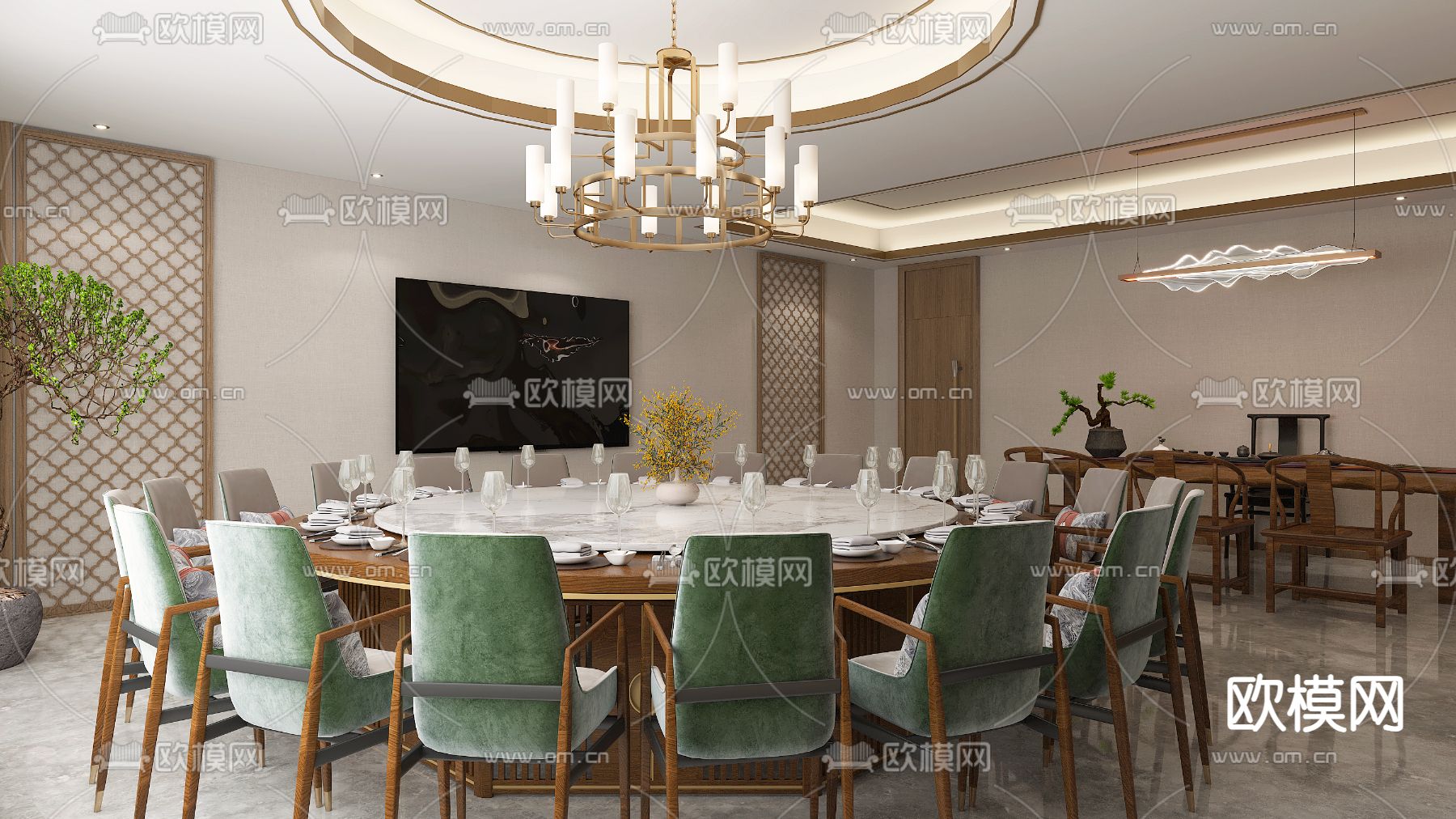 新中式 餐厅包间3d模型下载（渲染图2）