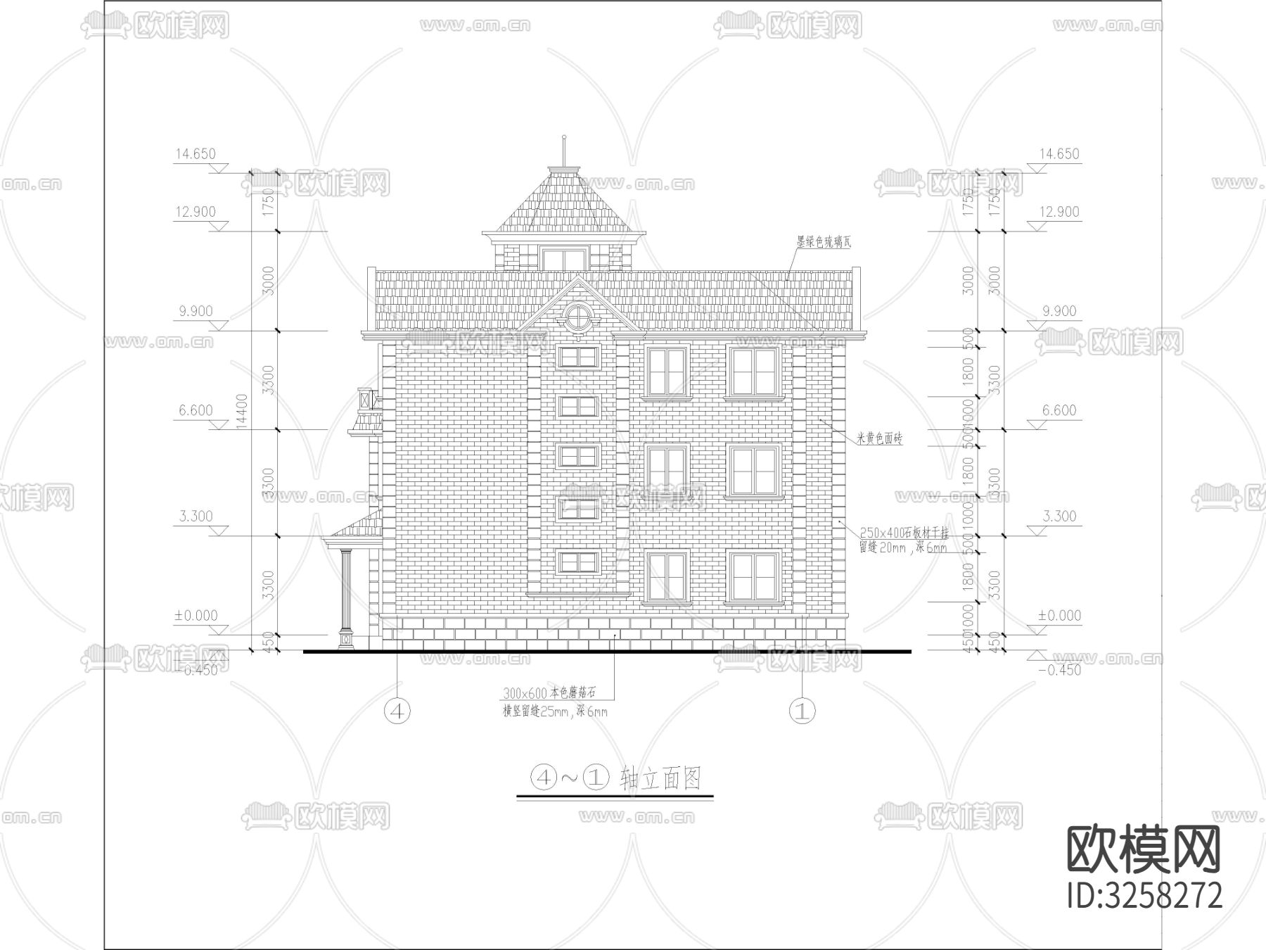 农村自建房 独栋别墅cad立面图下载（渲染图2）