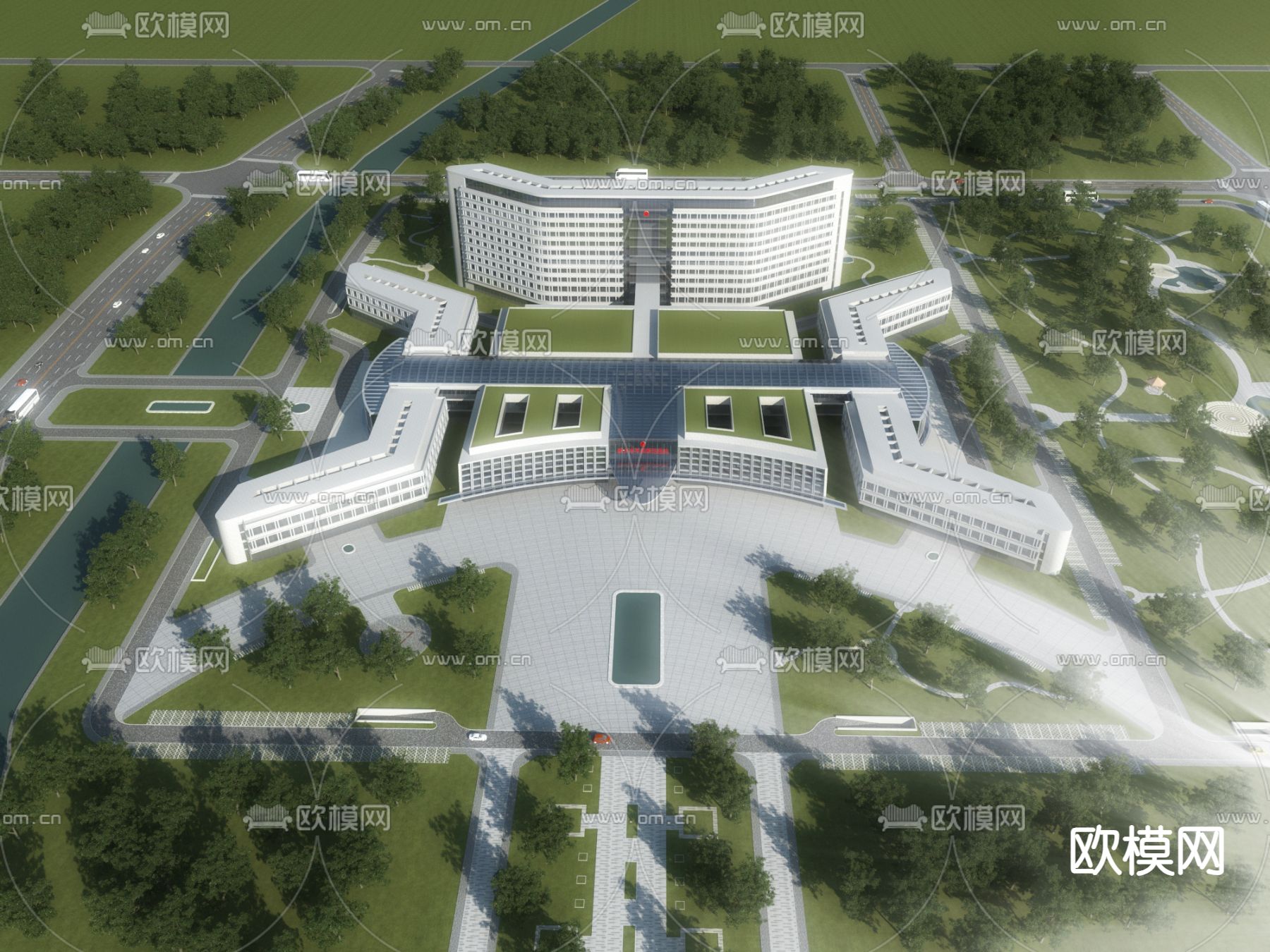 现代医院建筑 鸟瞰规划3d模型下载