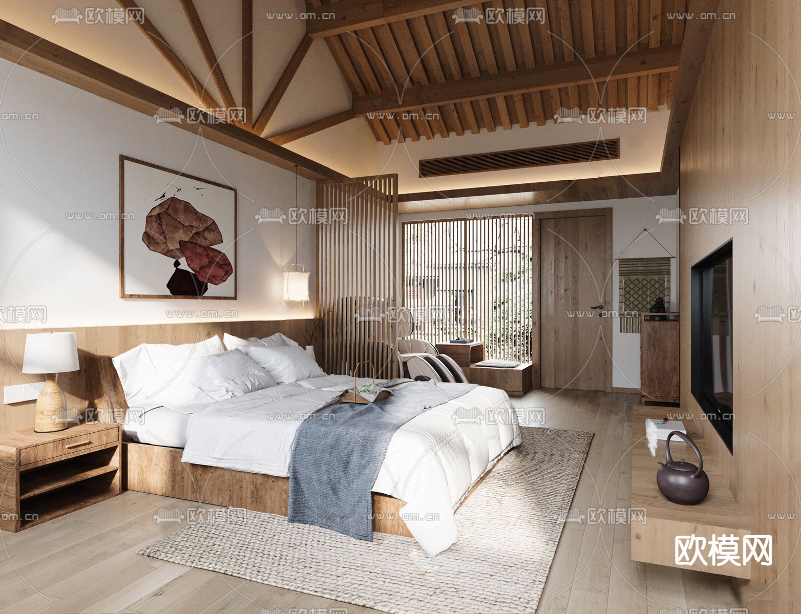 新中式民宿 客房su模型下载（渲染图2）