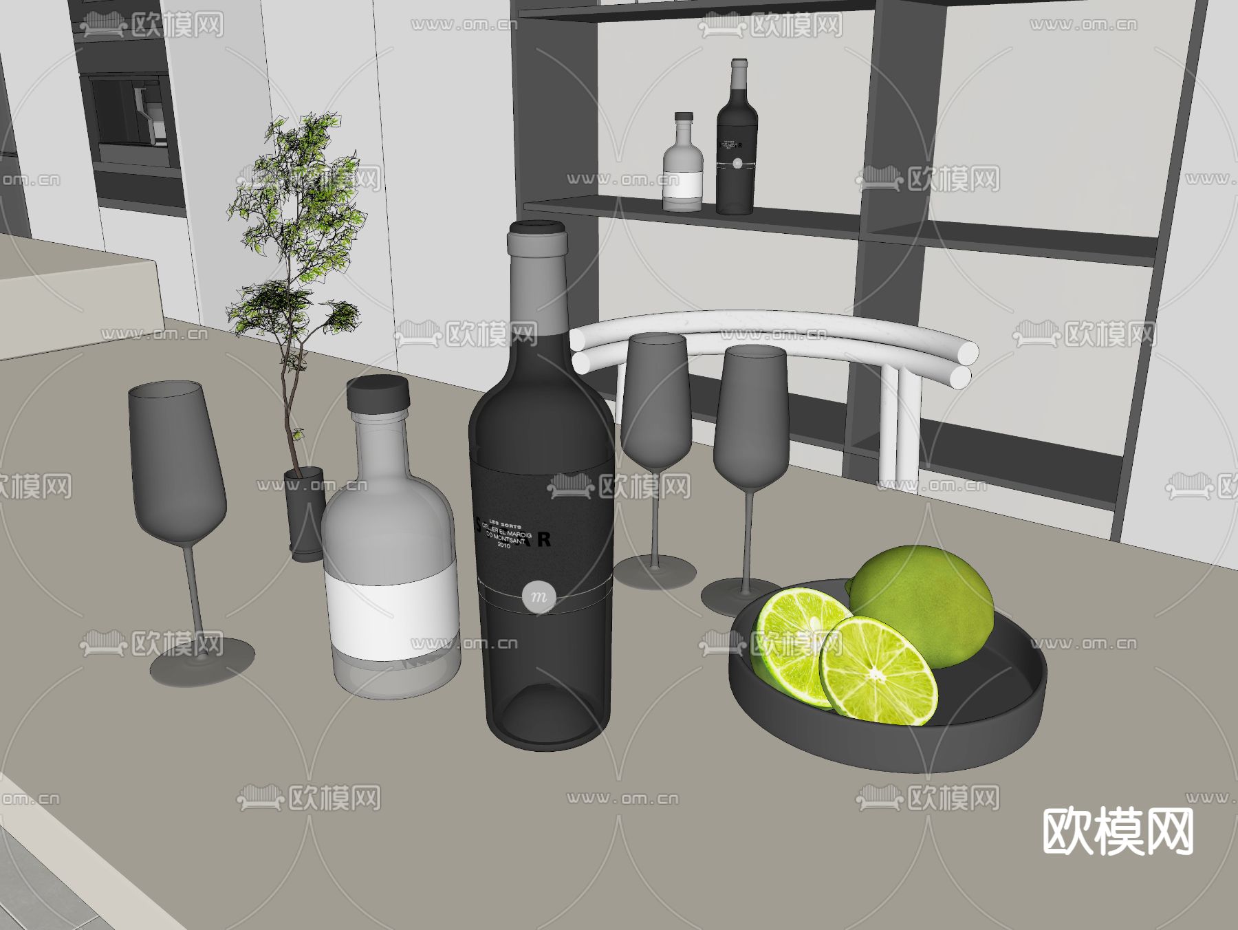 酒瓶 酒杯 水果 果盘su模型下载（渲染图1）