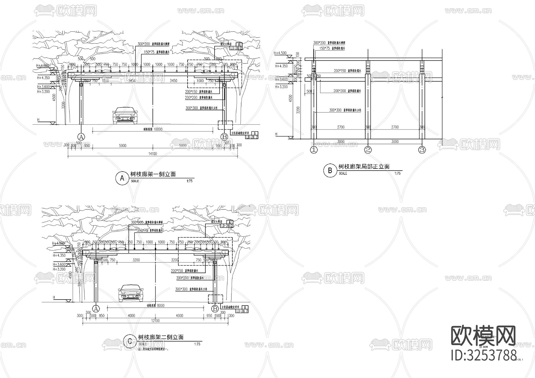 树枝廊架cad立面图下载（渲染图1）