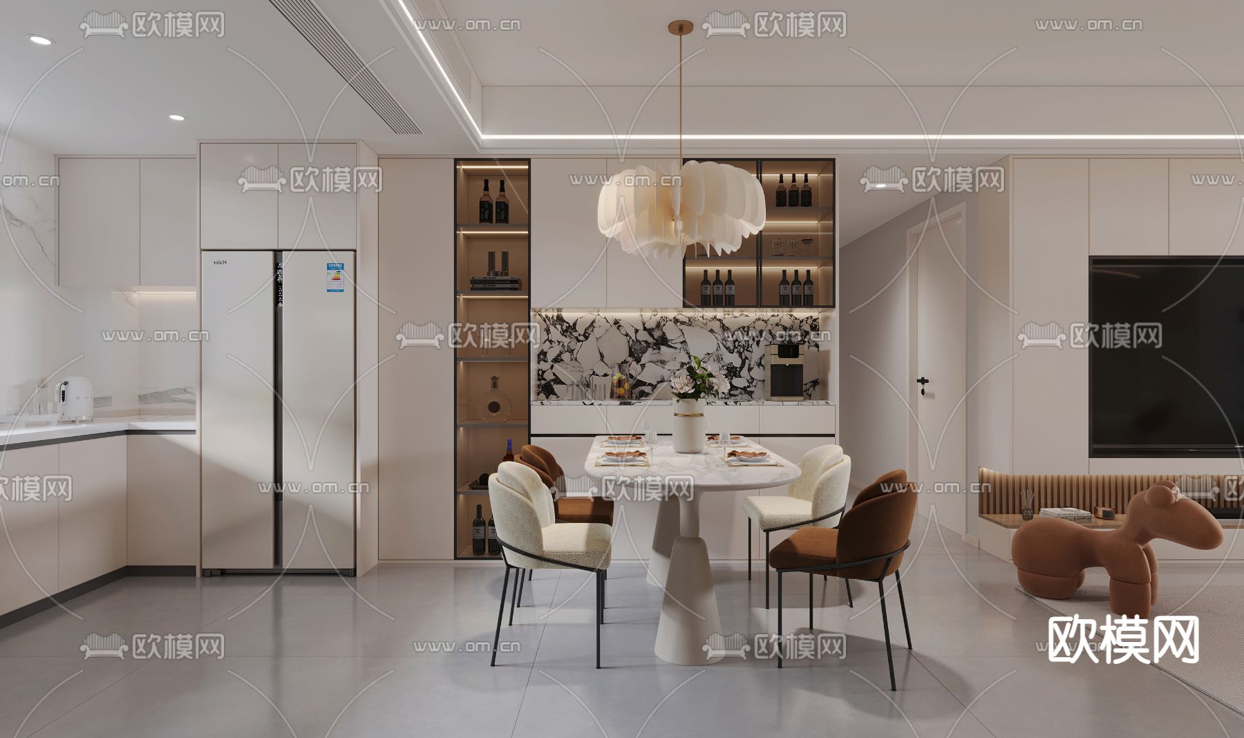 奶油风客餐厅3d模型下载（渲染图5）