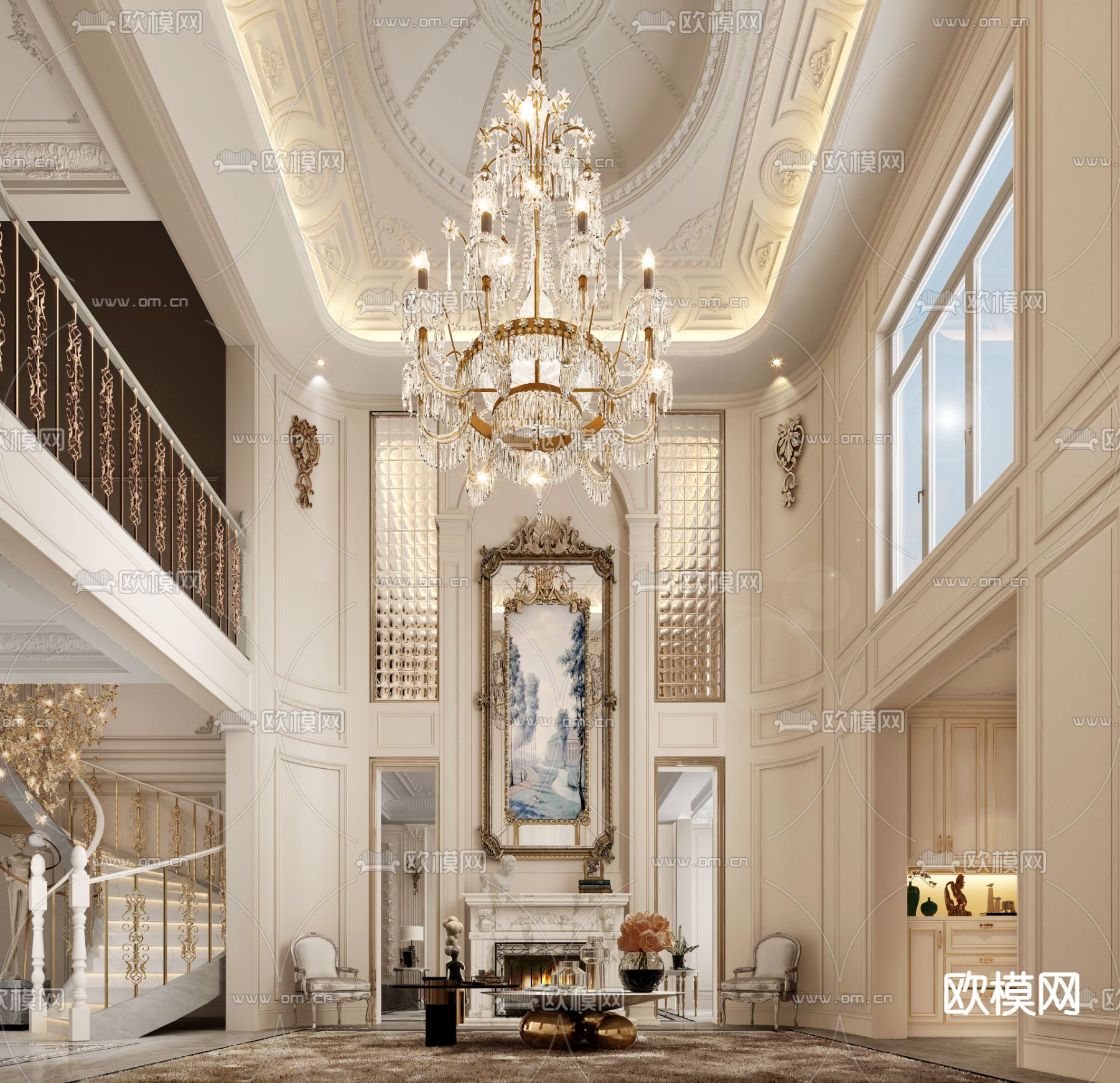 法式别墅客厅 别墅大堂3d模型下载（渲染图1）