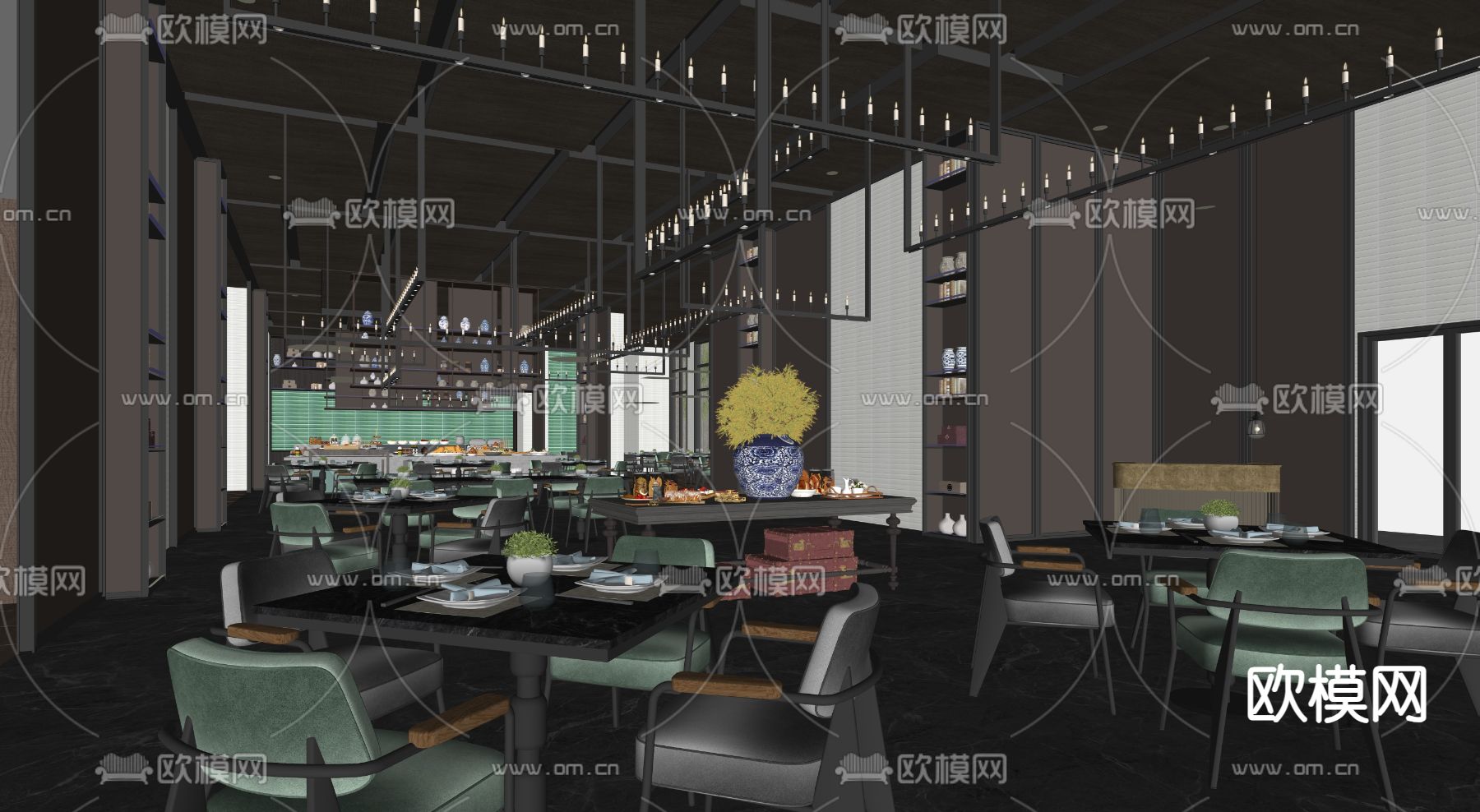 自助餐厅 酒店餐厅su模型下载（渲染图1）