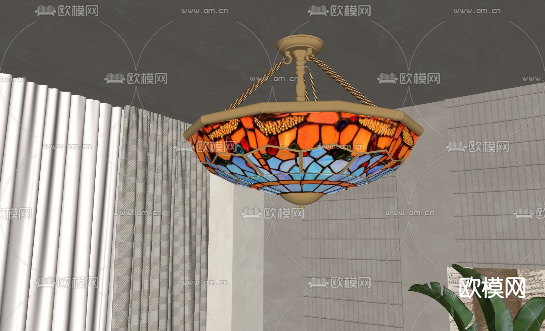 欧式彩色吊灯 玻璃吊灯su模型下载（渲染图2）