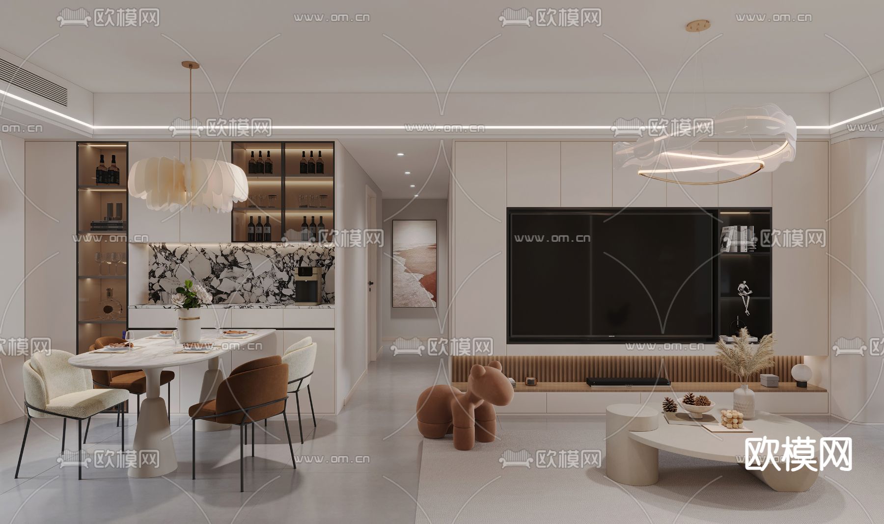 奶油风客餐厅3d模型下载（渲染图4）