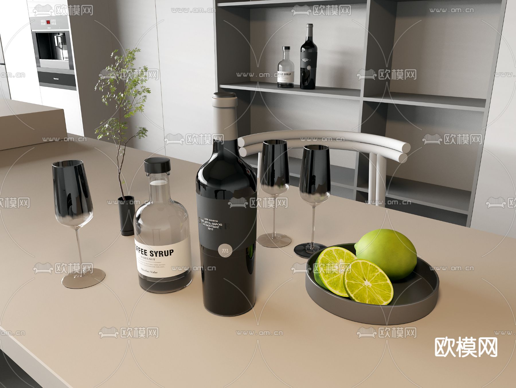 酒瓶 酒杯 水果 果盘su模型下载（渲染图2）