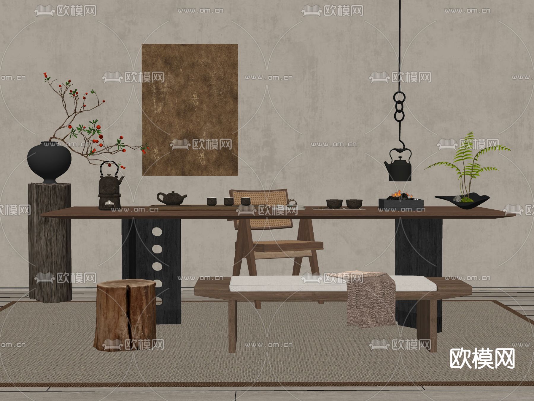 侘寂风茶桌椅 茶台su模型