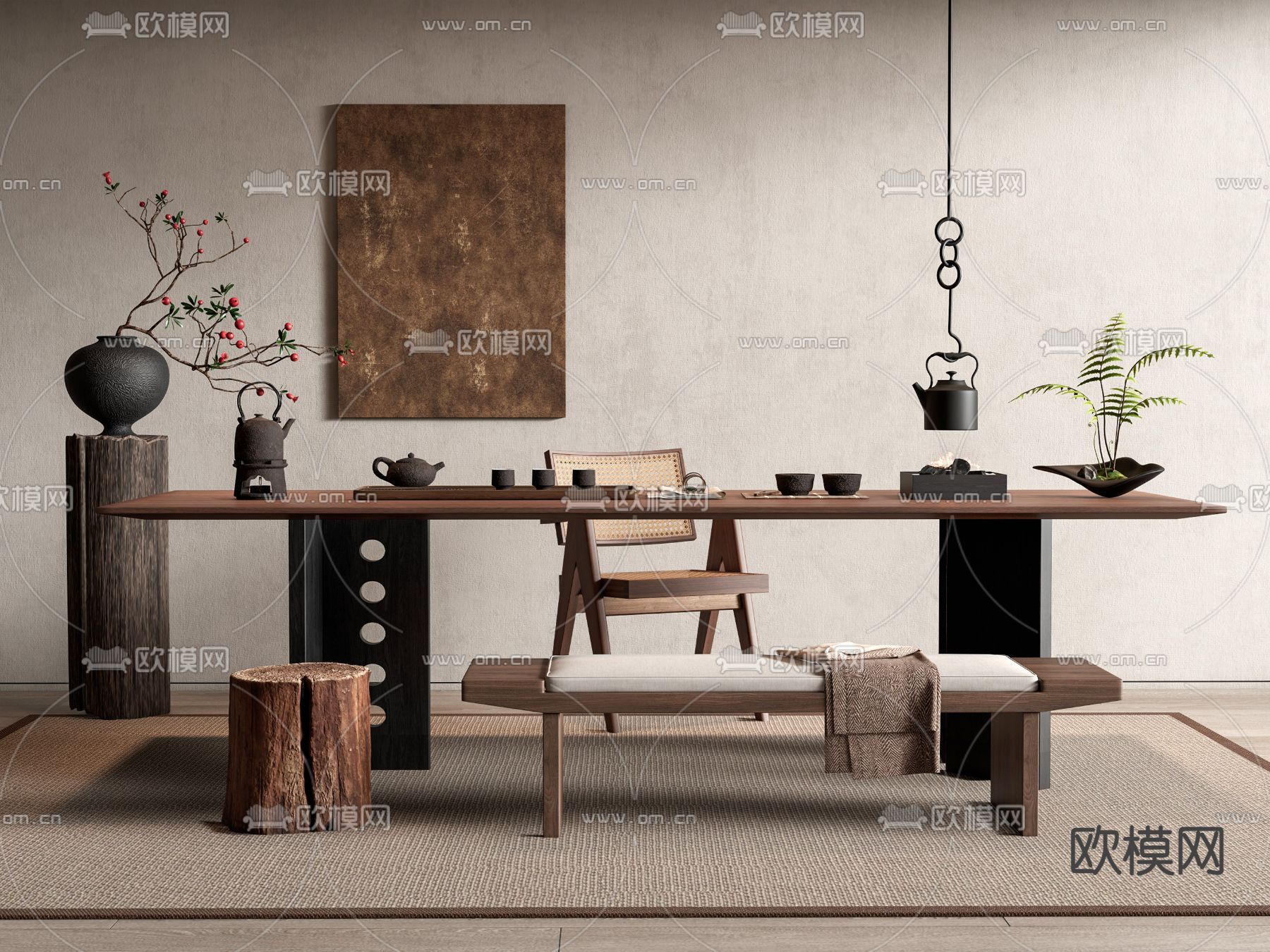 侘寂风茶桌椅 茶台su模型