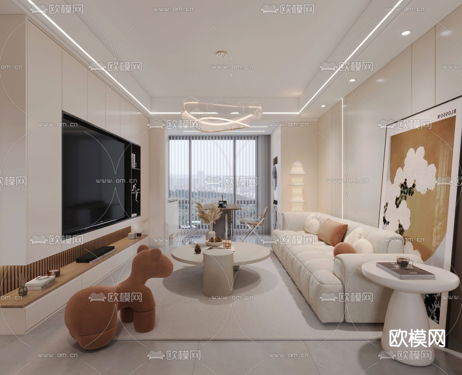 奶油风客餐厅3d模型下载（渲染图2）