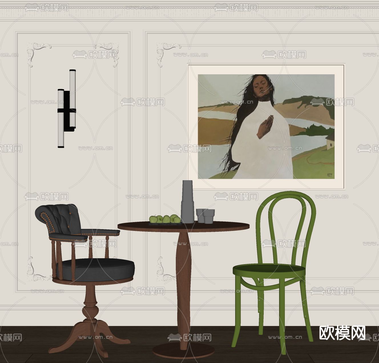 中古风餐桌椅su模型