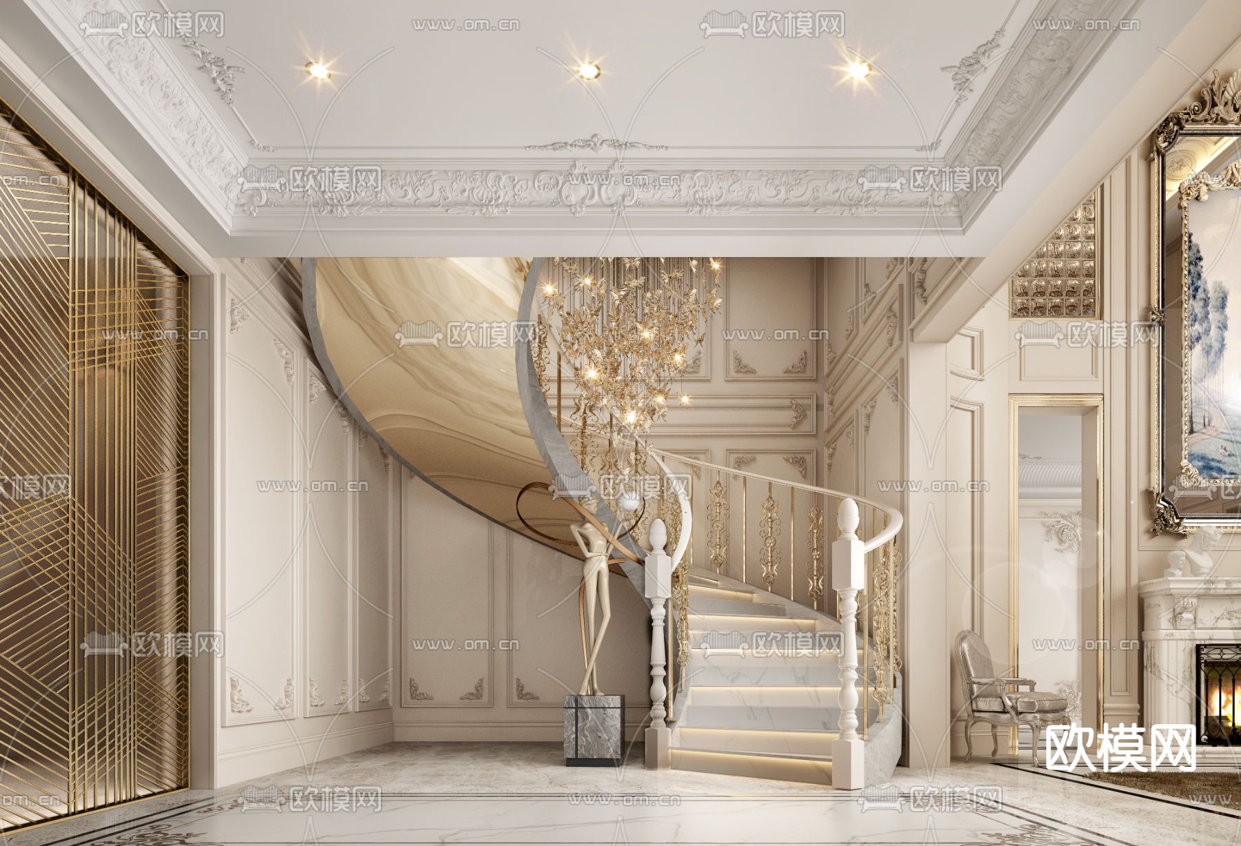 法式别墅客厅 别墅大堂3d模型下载（渲染图2）